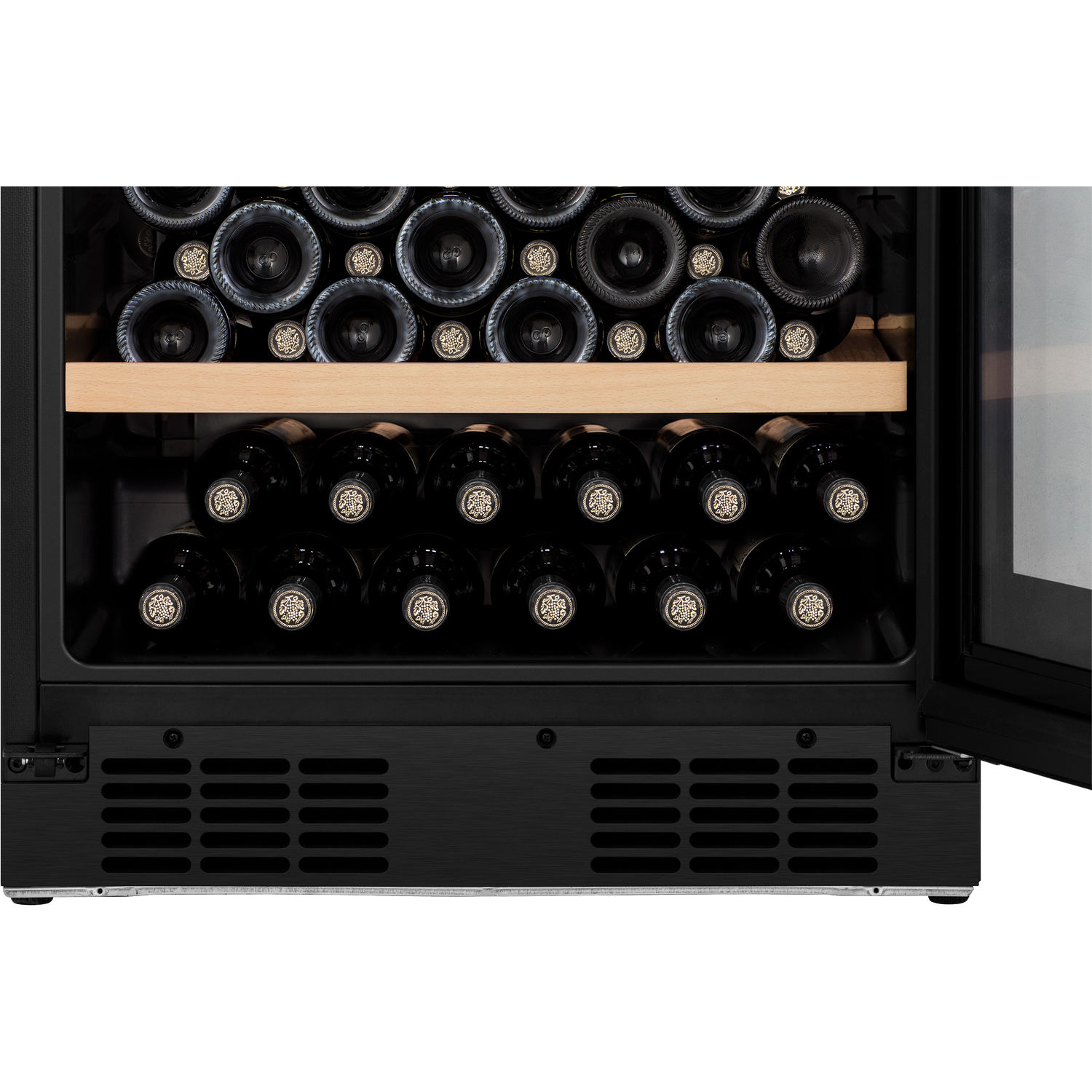 A wine cooler with dark bottles on two shelves, featuring vents at the bottom.