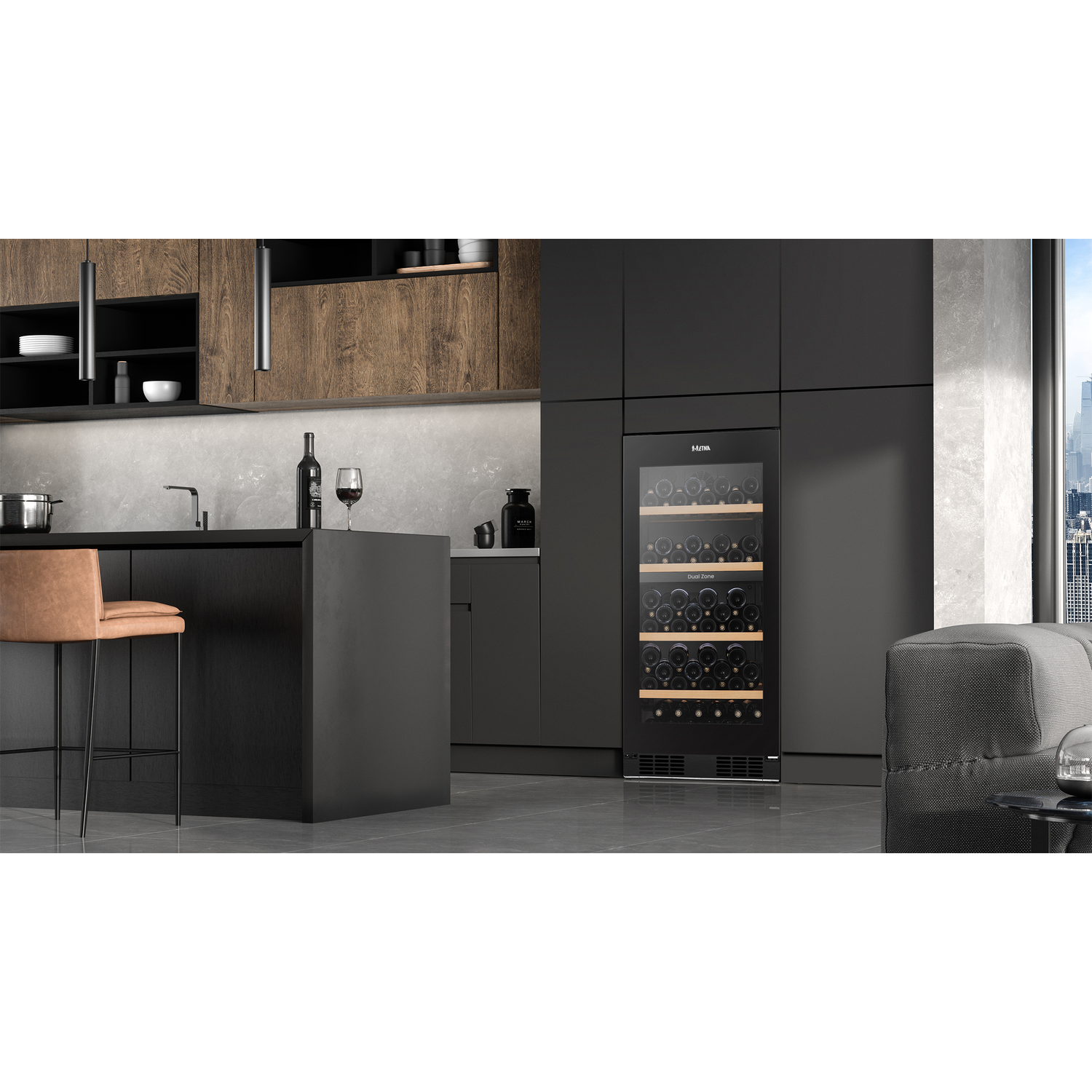 Modern kitchen with a wine cooler, bar stool, and seating.