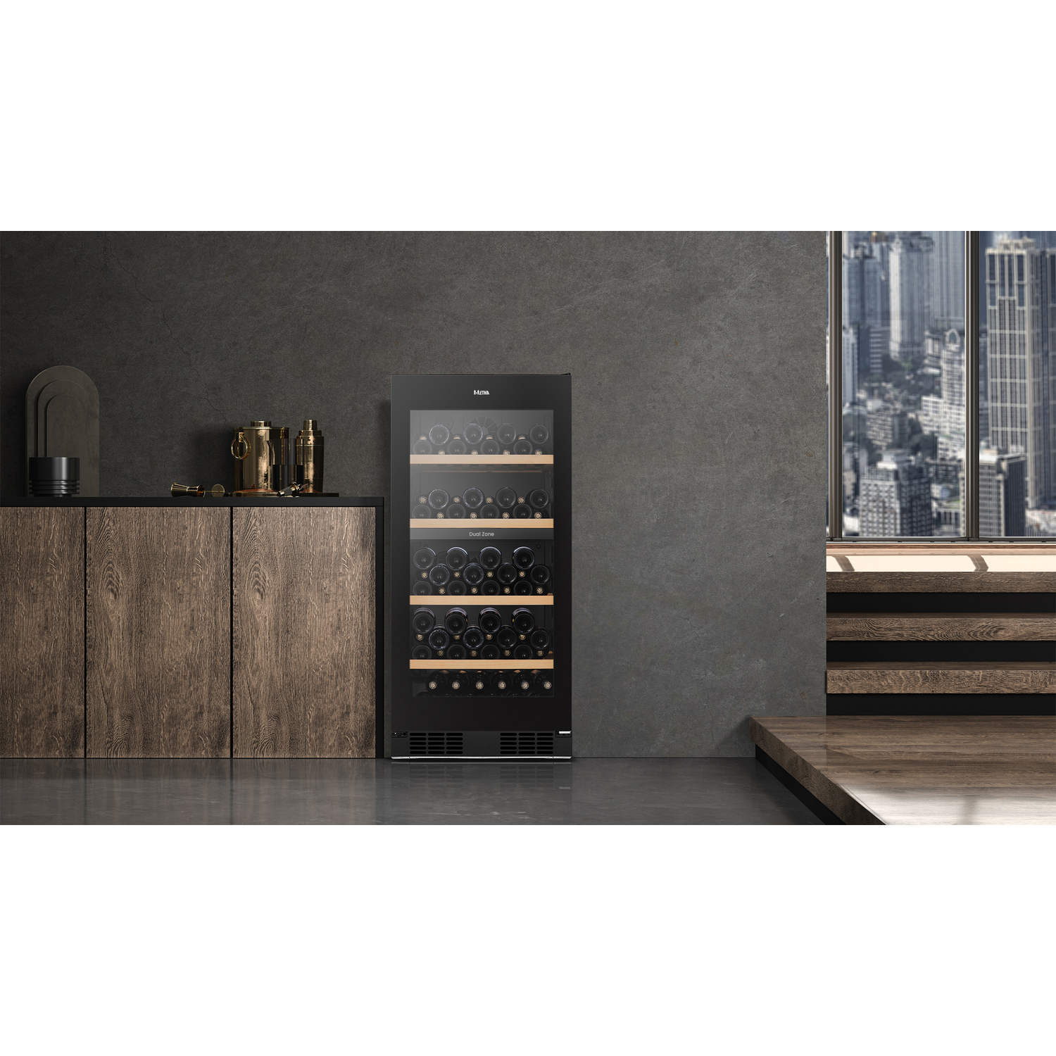 A black wine cooler filled with bottles in a modern room with wood accents.