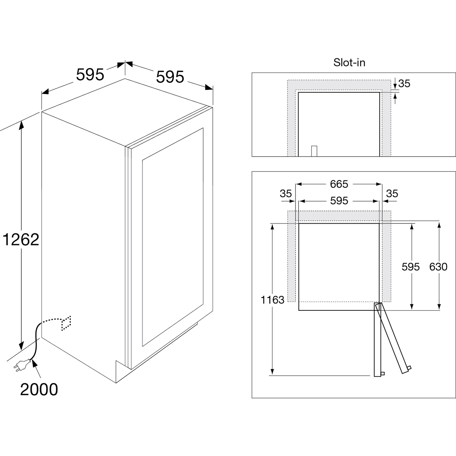 Technical drawing of a built-in appliance with dimensions. Height 1262mm, width 595mm.