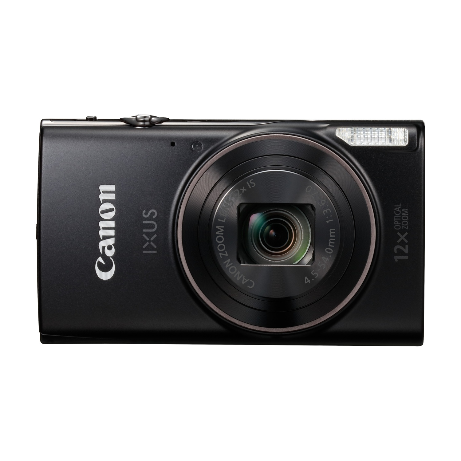 Fotocamera Canon IXUS nera con zoom ottico 12x e flash.
