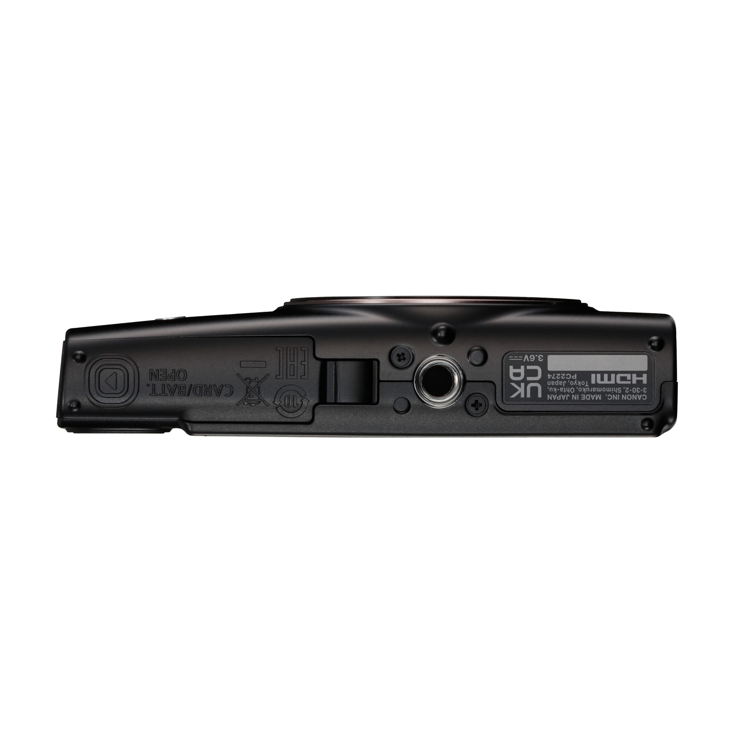 Vista inferiore di fotocamera nera con porte ed etichette come HDMI e Made in Japan.