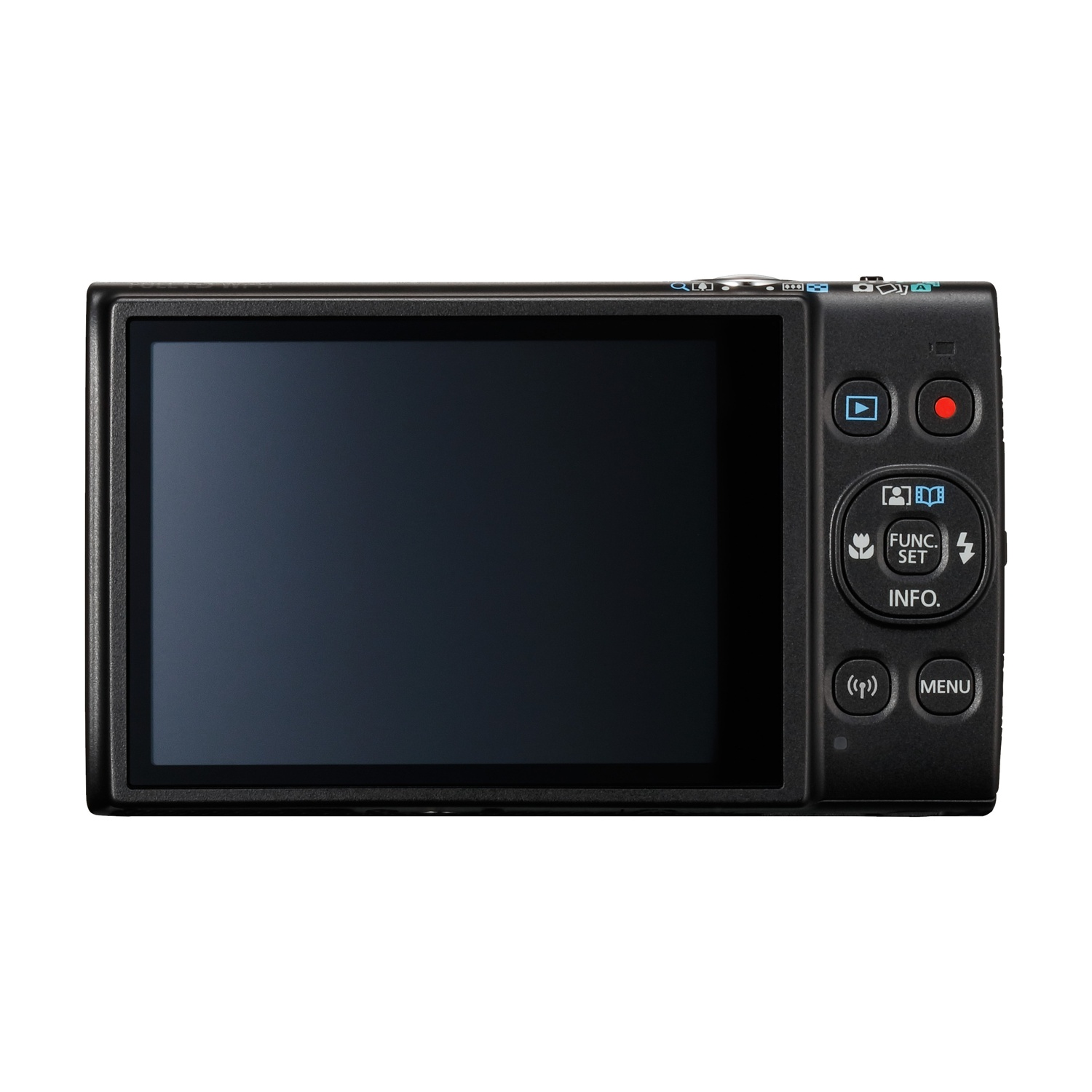 Vista posteriore di una fotocamera digitale nera con ampio schermo scuro e pulsanti di controllo.