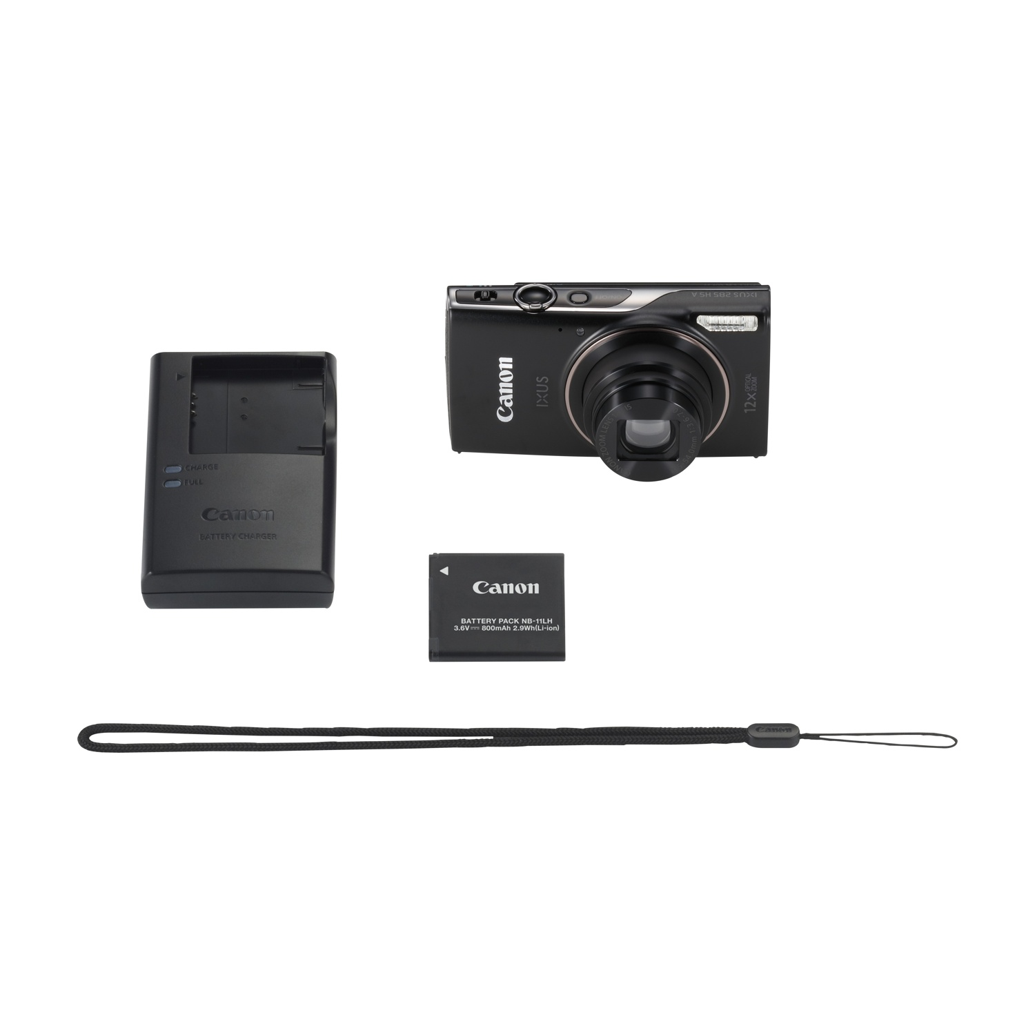 Un kit fotocamera Canon IXUS 285 HS A nero con caricabatterie, batteria e cinturino.