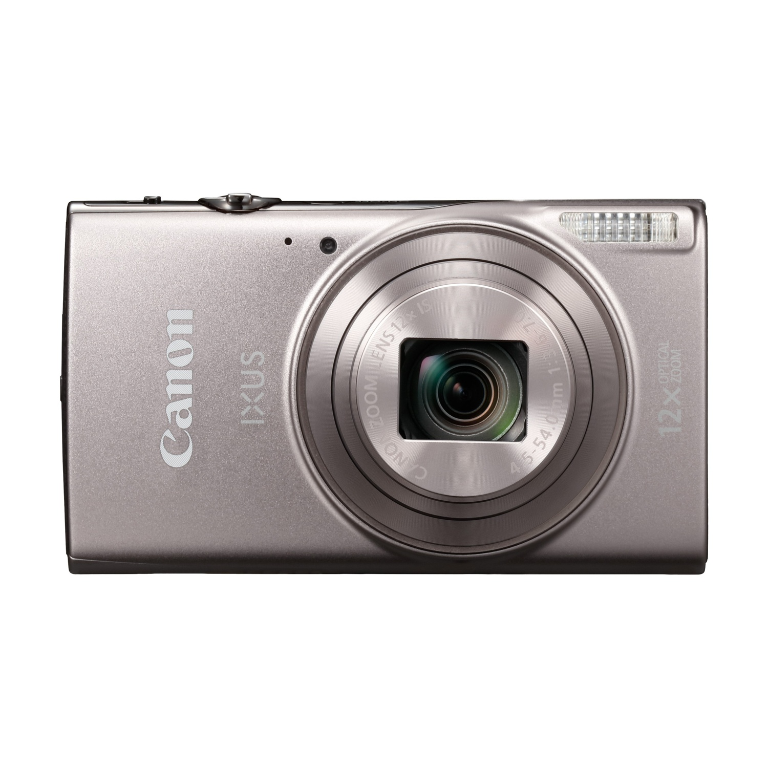 Fotocamera digitale Canon IXUS argento con zoom ottico 12x su sfondo bianco.