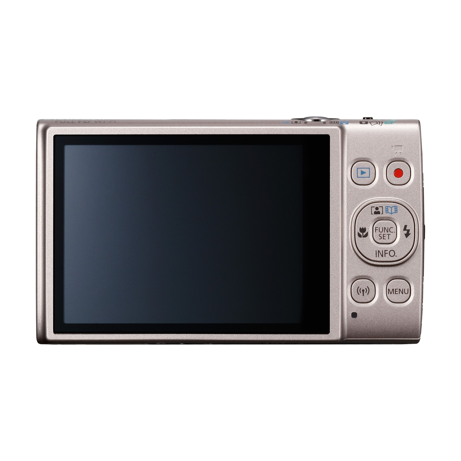 Fotocamera digitale argentata con ampio schermo nero e pulsanti di controllo.