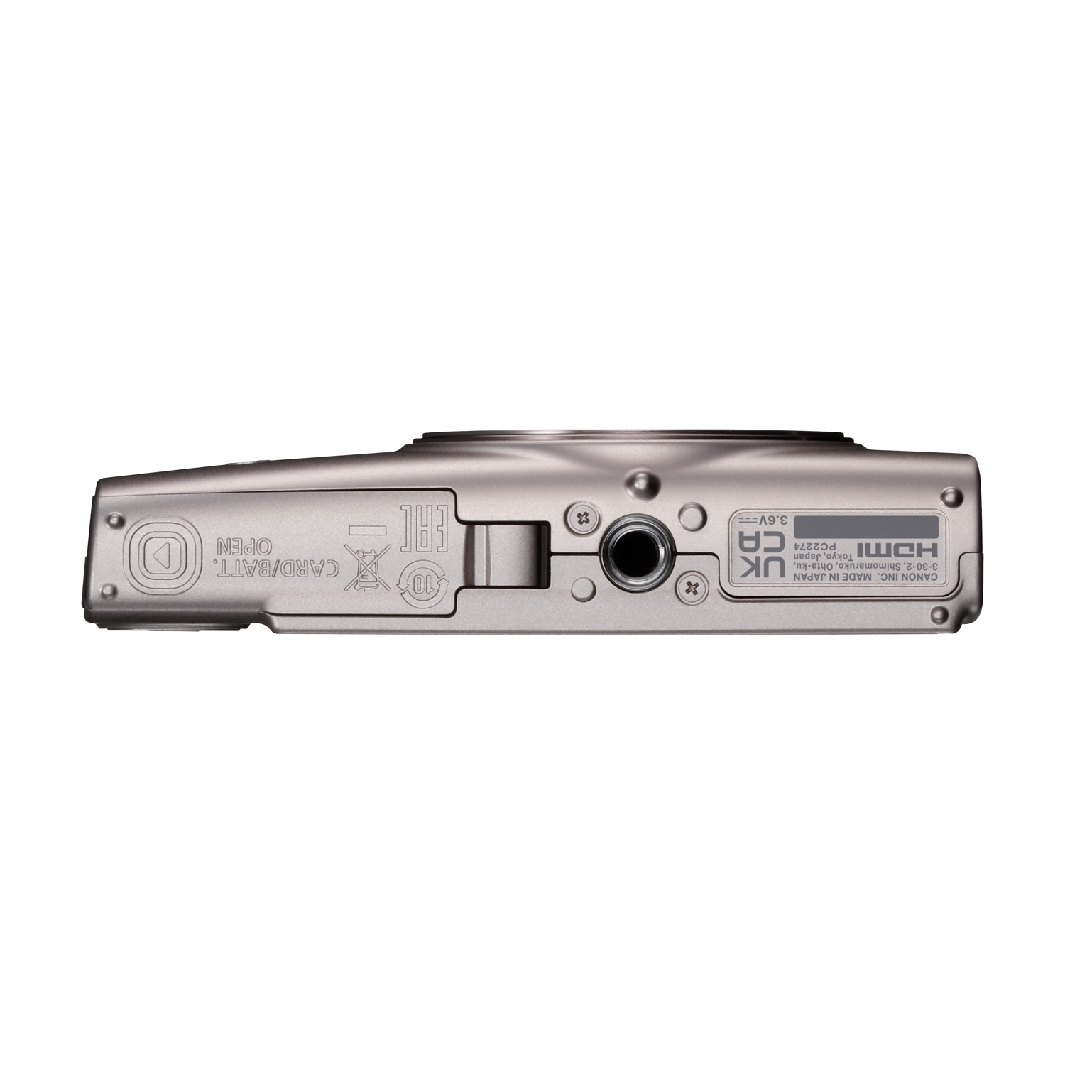 Parte inferiore argento della fotocamera con porte, etichette e logo.