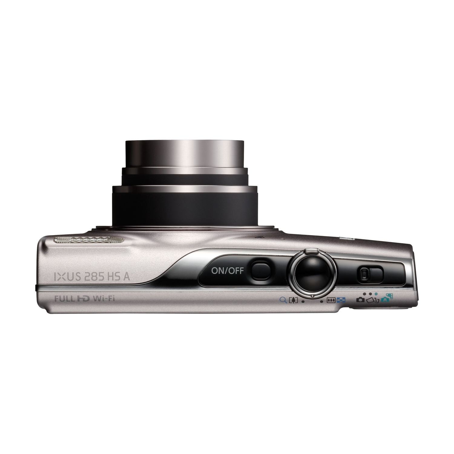 Fotocamera digitale argento con ghiera messa a fuoco, zoom e pulsante ON/OFF.