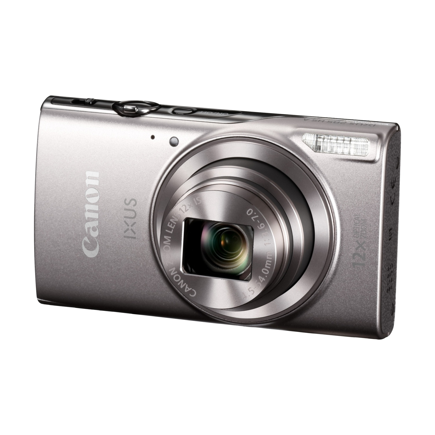 Fotocamera Canon IXUS argento con zoom ottico 12x, primo piano.
