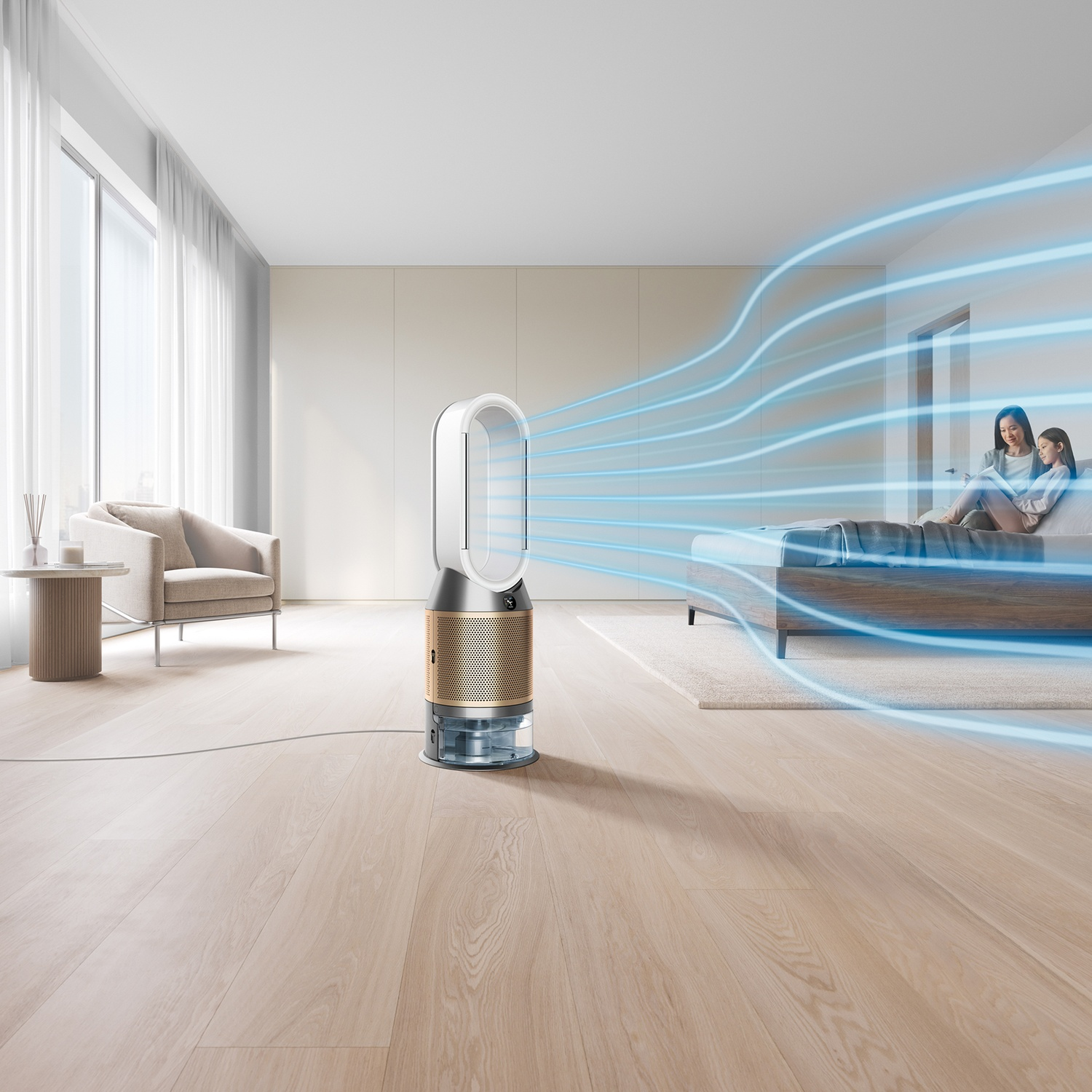 Un purificatore d'aria con flussi d'aria blu in una camera da letto con letto e poltrona.