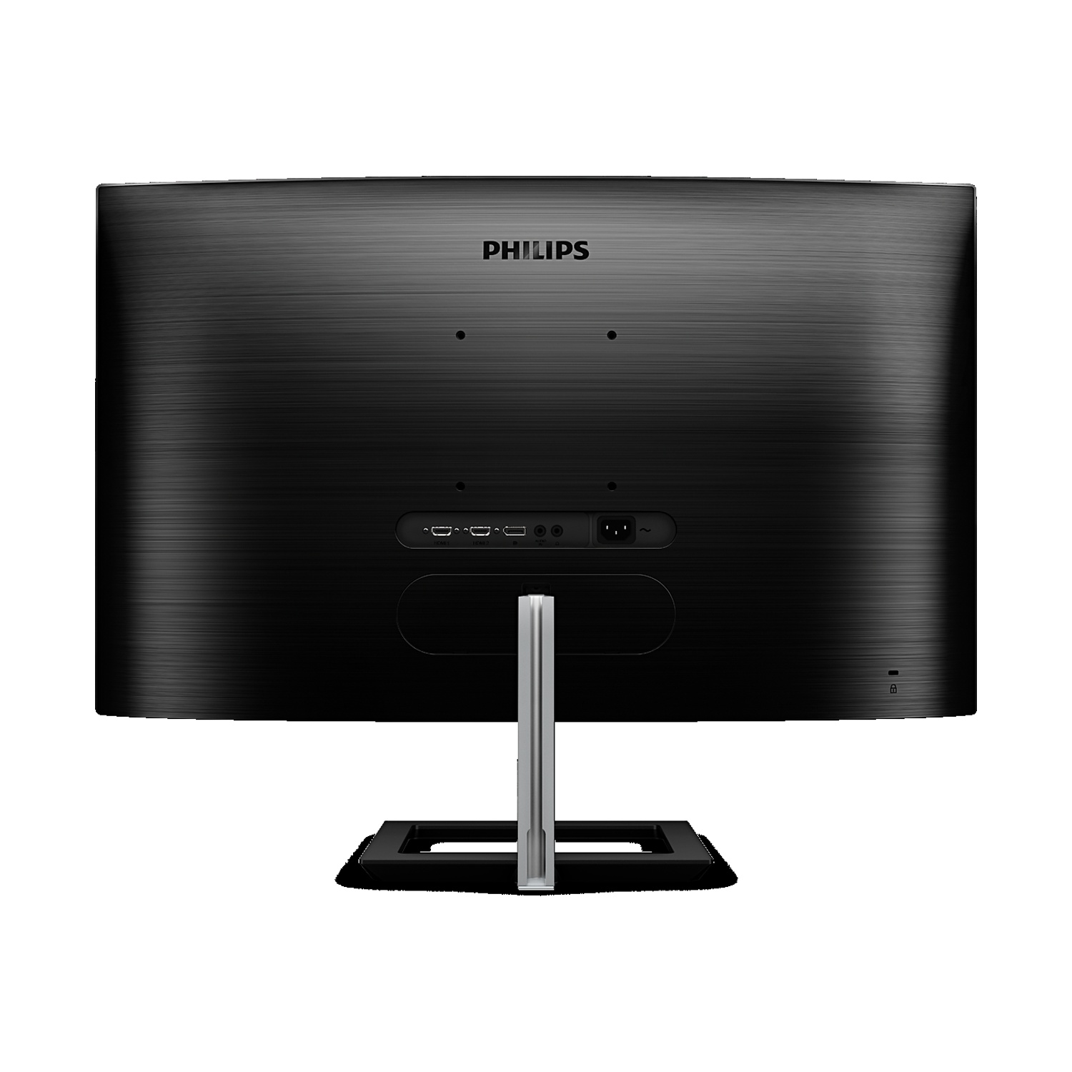 Retro di un monitor Philips nero con porte e supporto argentato.