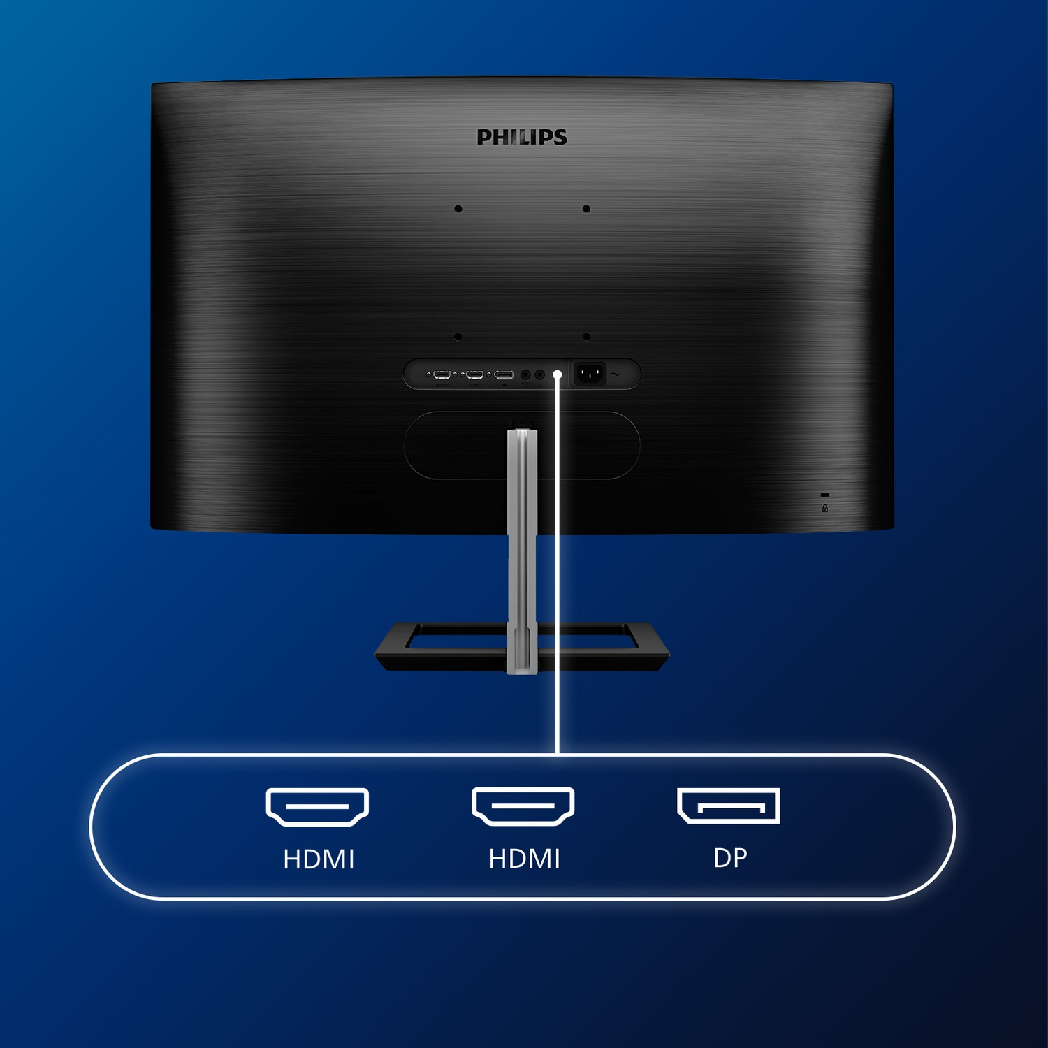 Retro di un monitor nero con porte: 2x HDMI, 1x DP.