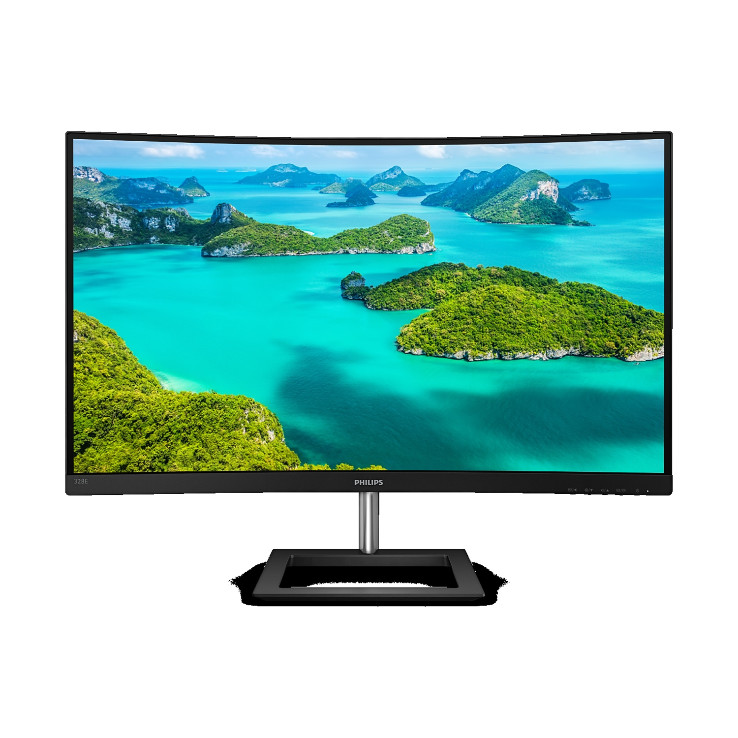 Monitor curvo Philips con paesaggio isola tropicale e acqua turchese.