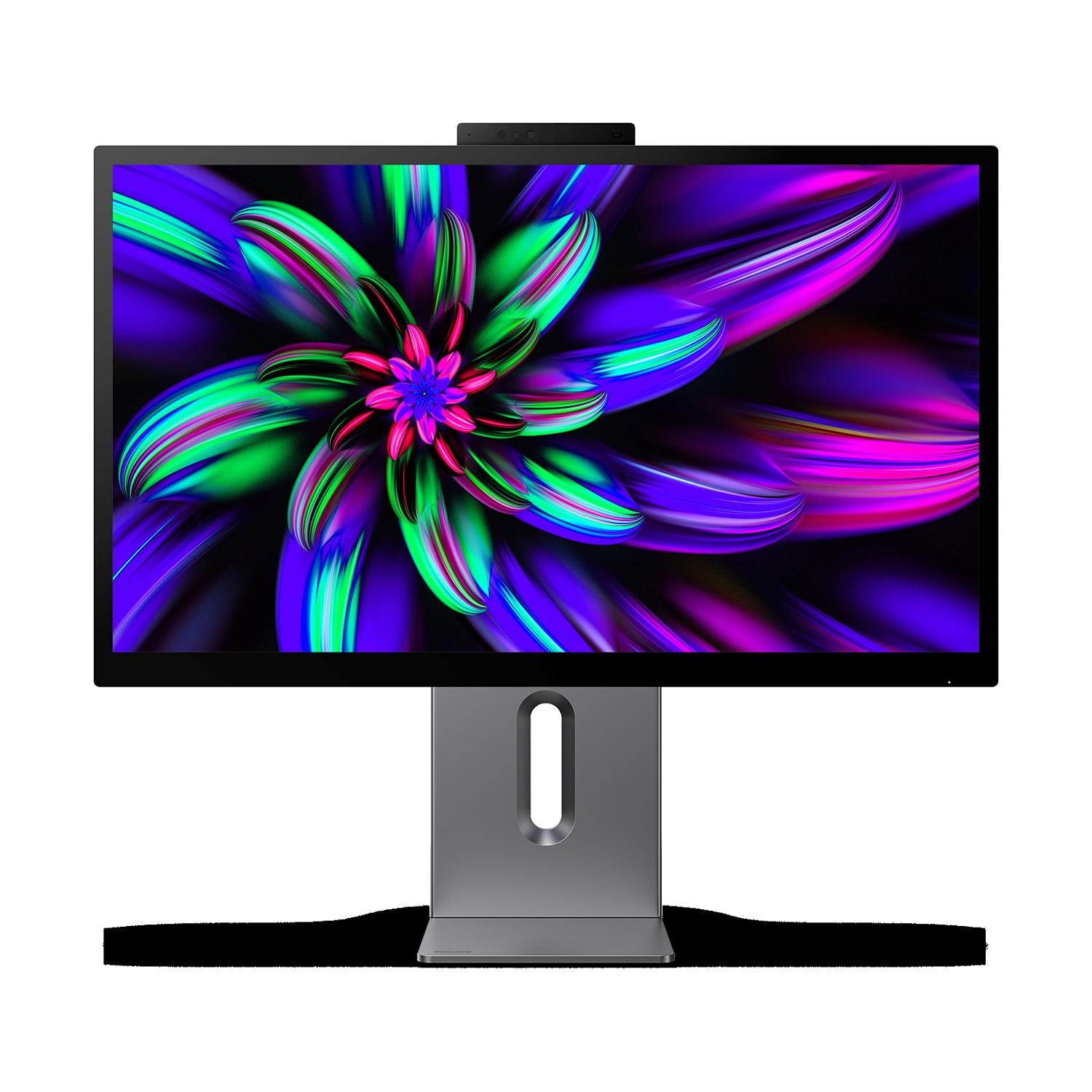 Un monitor moderno con un vibrante motivo floreale astratto in viola e verde.