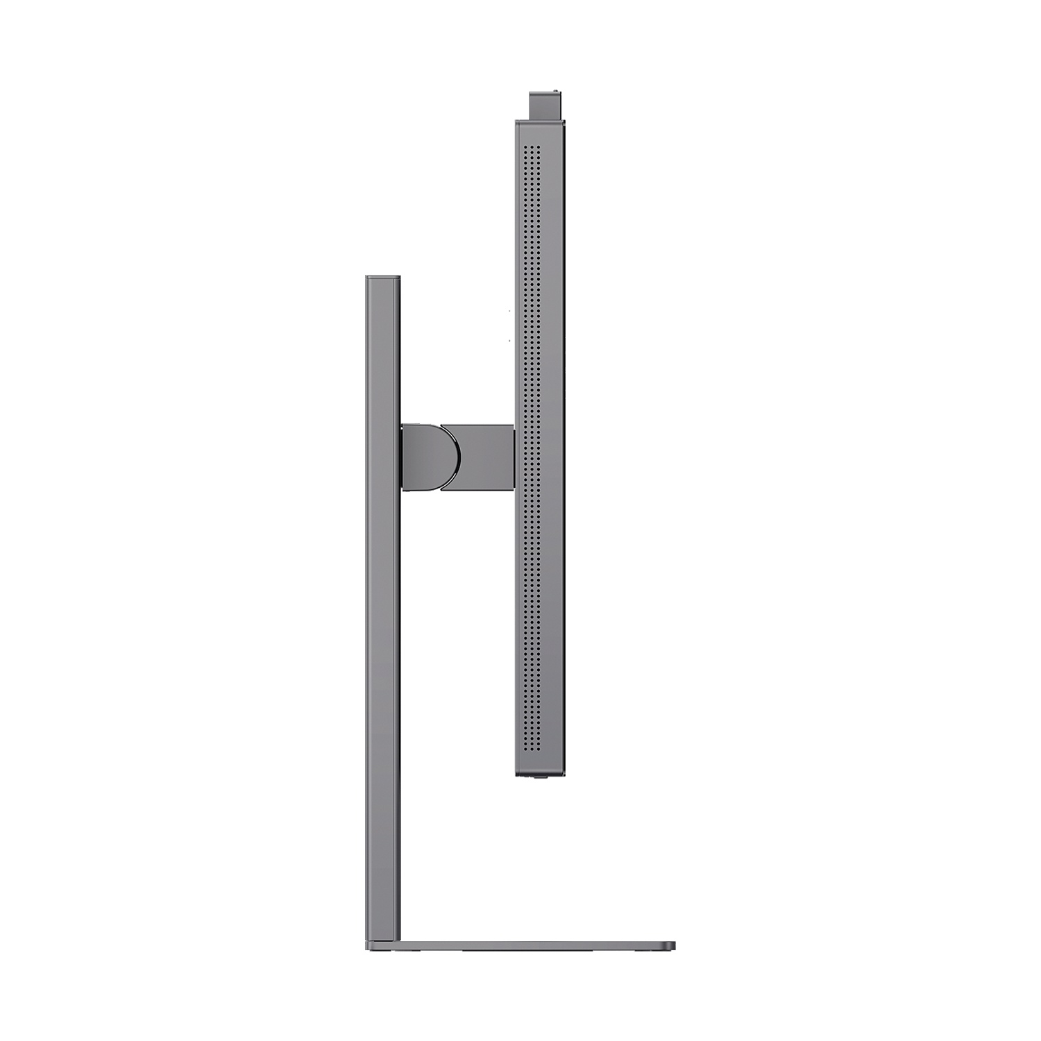 Supporto per monitor grigio con schermo sottile su sfondo bianco.