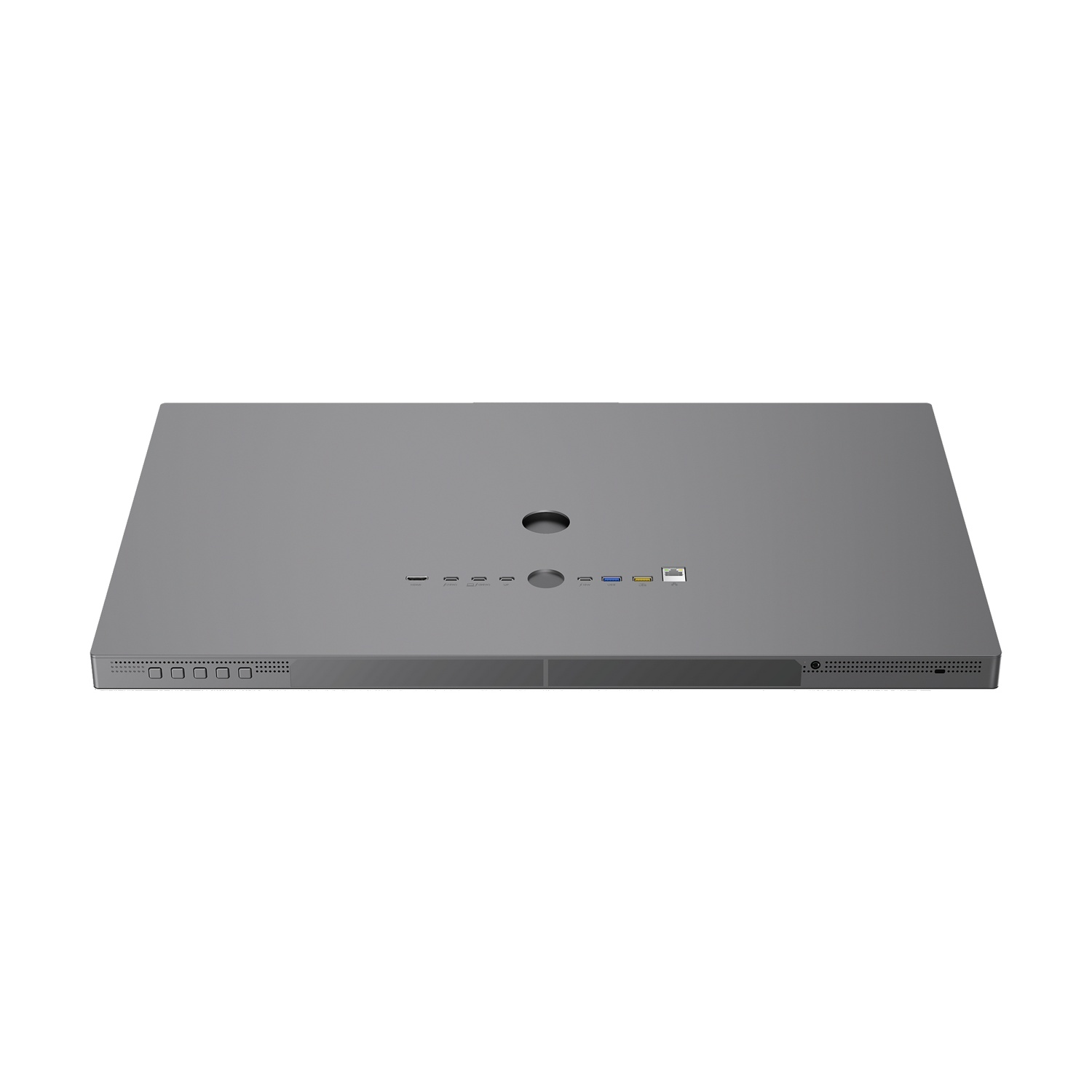 Dispositivo elettronico piatto grigio con porte e griglia di ventilazione.