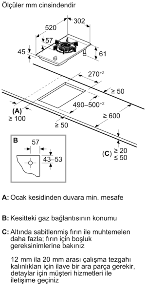 Boyutlar ve kurulum talimatları ile ocak teknik çizimi.