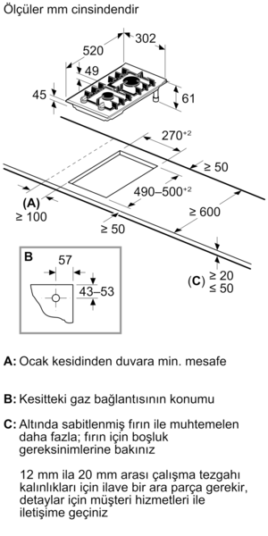 Gazlı ocak kurulum şeması, ölçüler ve montaj talimatları içerir.