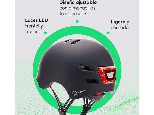 Casco de bicicleta negro con luz trasera LED roja y ventilaciones.