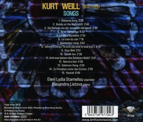 Albumcover für Kurt Weill Songs mit Titelliste, Künstlernamen und Barcode.