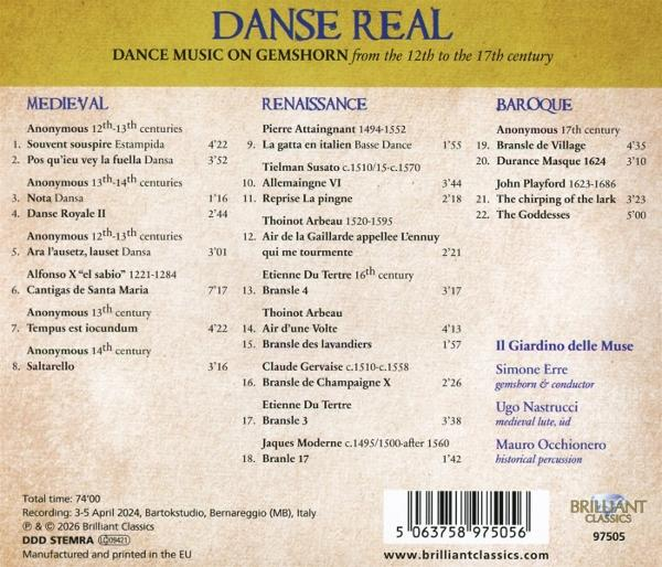 Rückseite einer CD-Hülle mit Titelliste für Tanzmusik vom 12. bis 17. Jahrhundert.