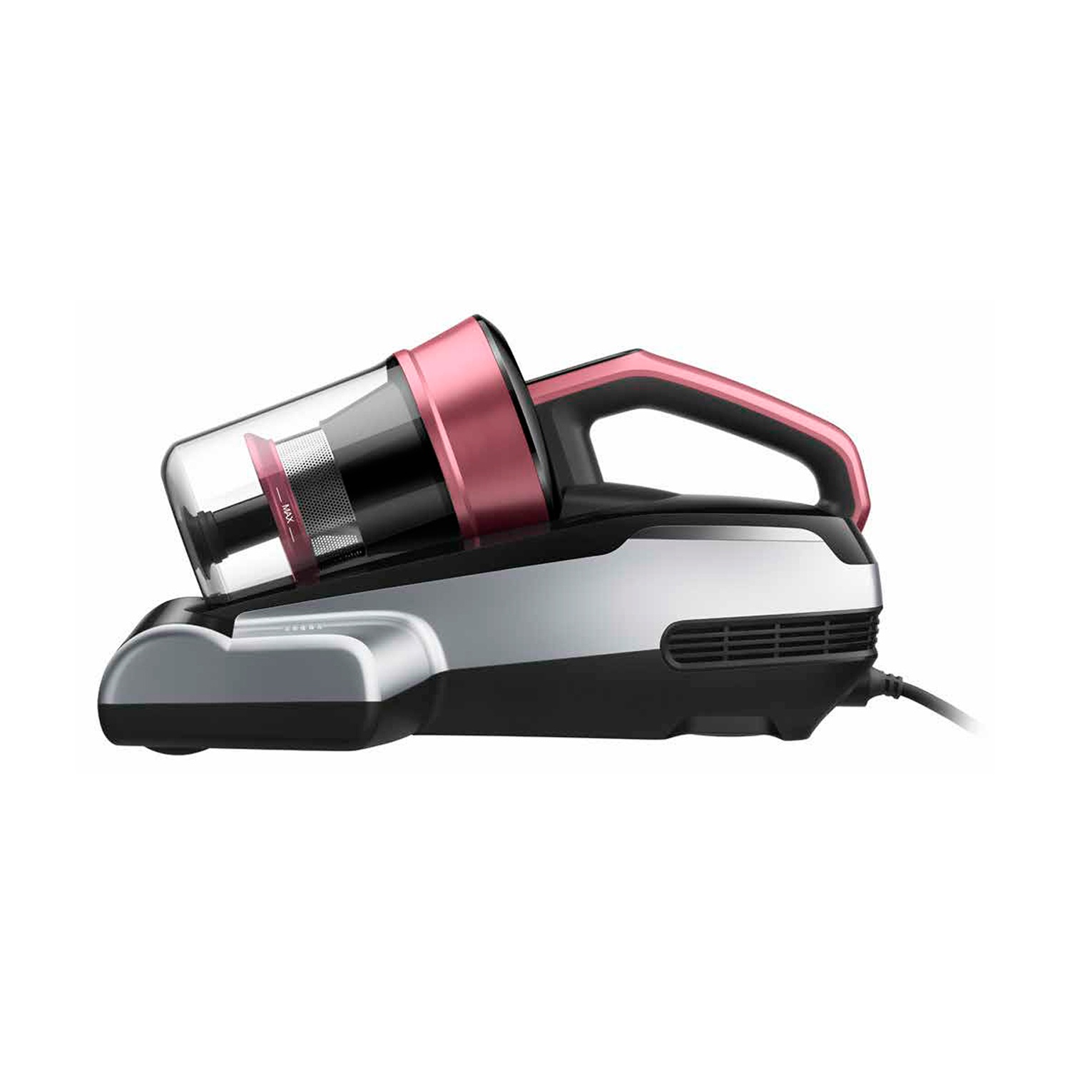 Un aspirapolvere portatile nero e rosa con un contenitore trasparente.