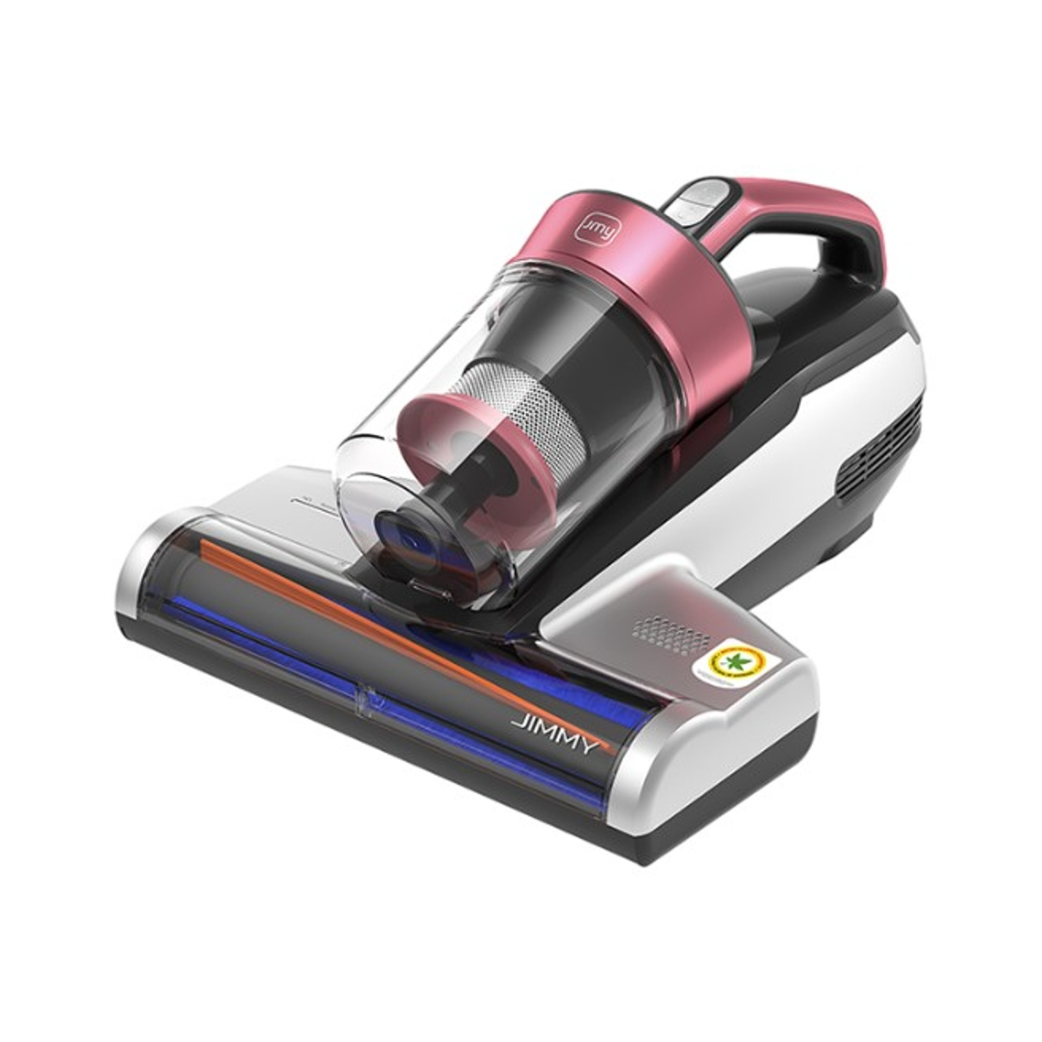 Un aspirapolvere senza fili rosa con contenitore trasparente e spazzola.