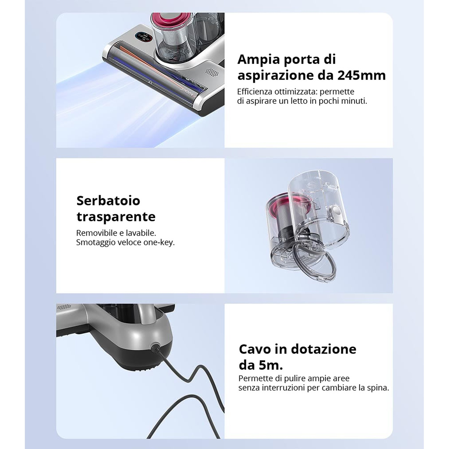 Testina aspirapolvere con bocca aspirazione 245mm, serbatoio trasparente e cavo 5m.