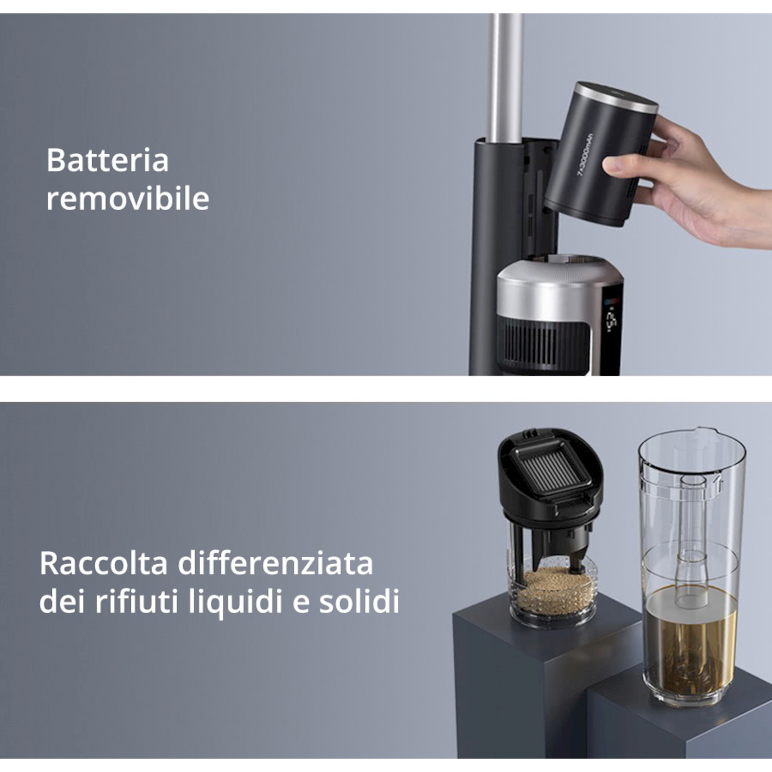 Una batteria nera viene inserita da una mano in un dispositivo. Sotto: due contenitori con granuli e liquido.