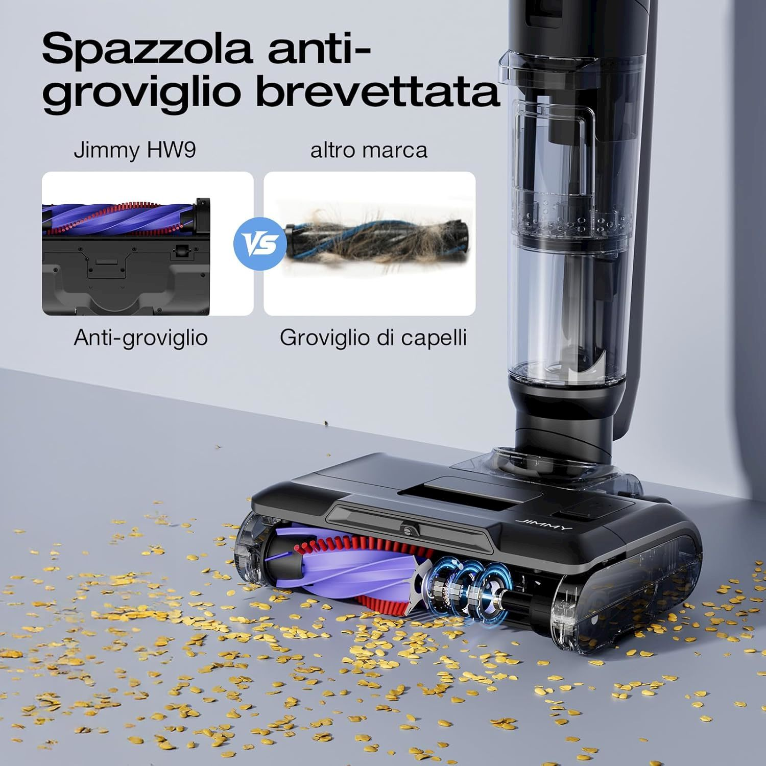 Un'apparecchiatura per la pulizia del pavimento con spazzola anti-groviglio.