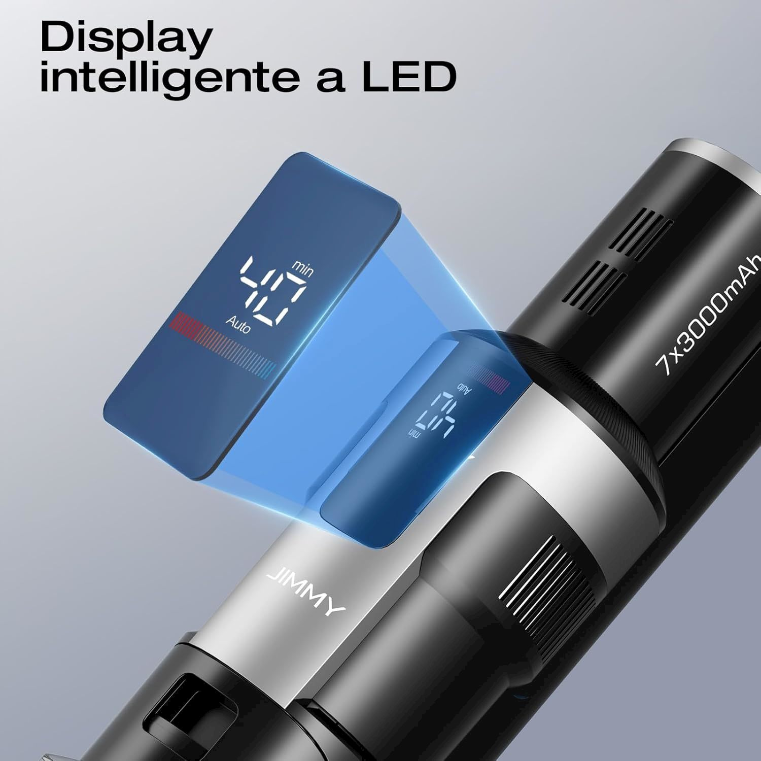 Un aspirapolvere nero portatile con display a LED che mostra "40 min Auto".
