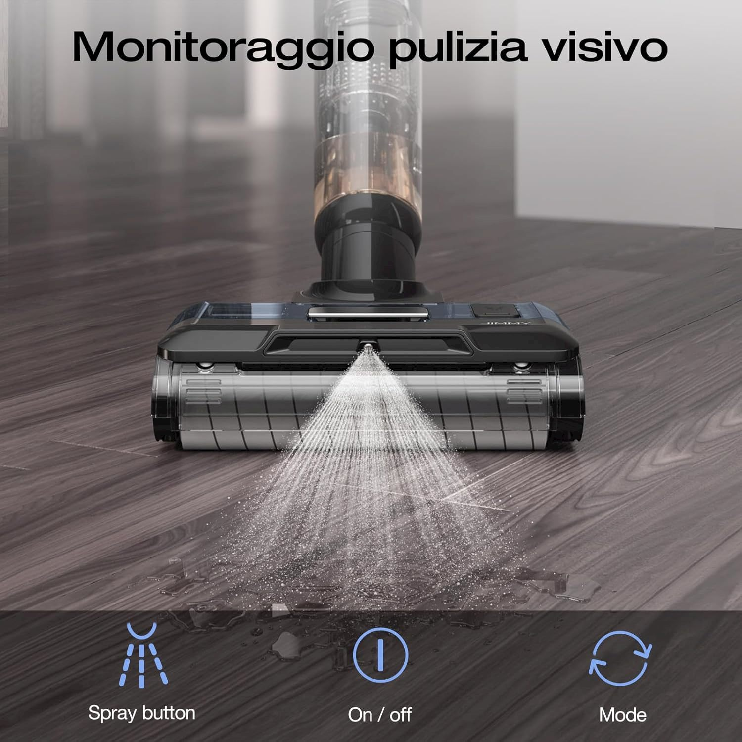 Un aspirapolvere spruzza acqua sul pavimento, con icone per pulsante spray, on/off e modalità.