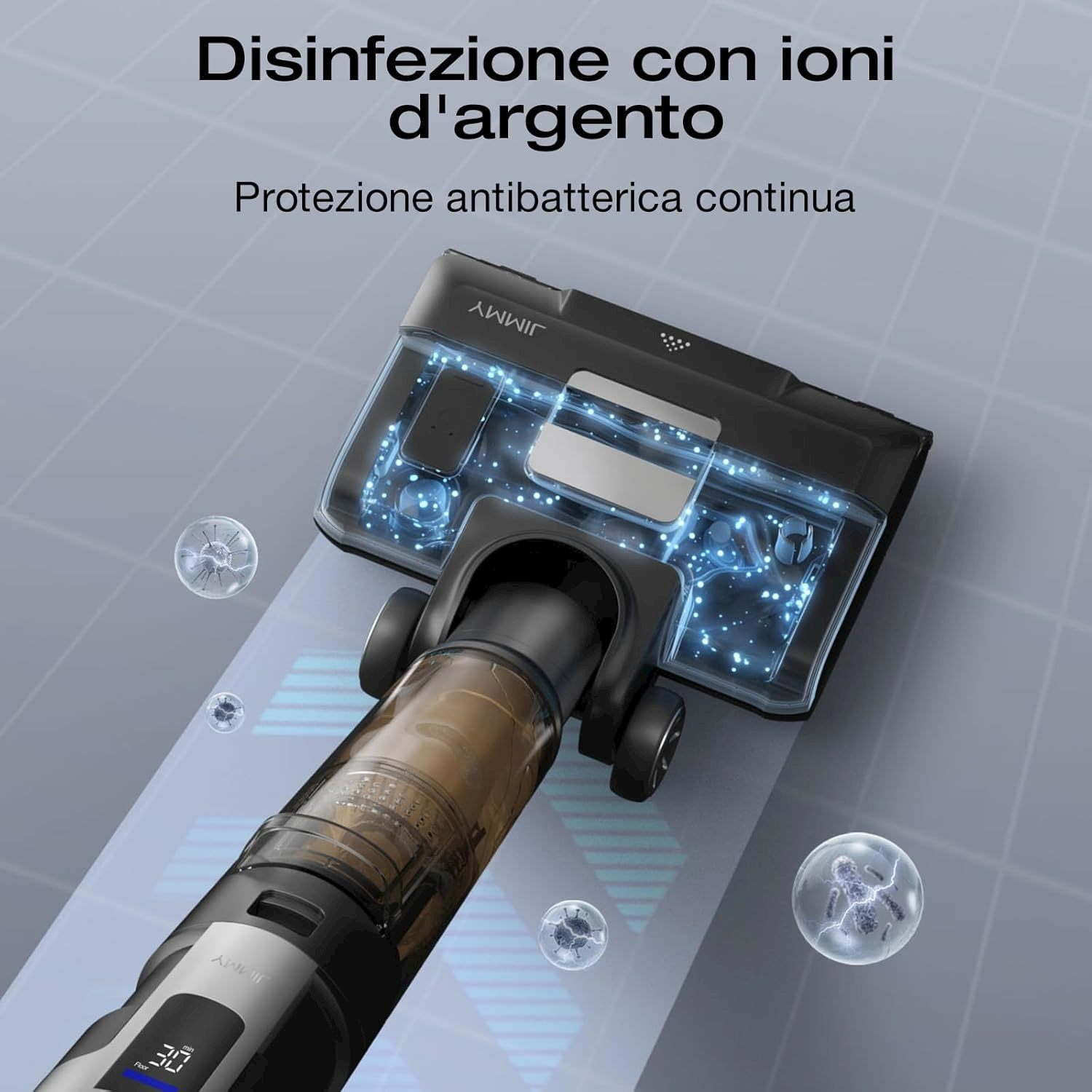 Un aspirapolvere nero con accenti argentati e display. Illustrazioni di batteri.