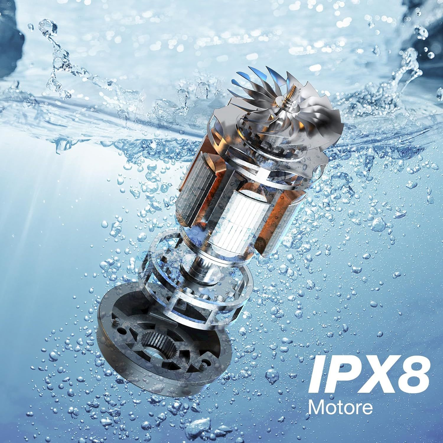 Un motore dettagliato immerso in acqua con bolle. IPX8.