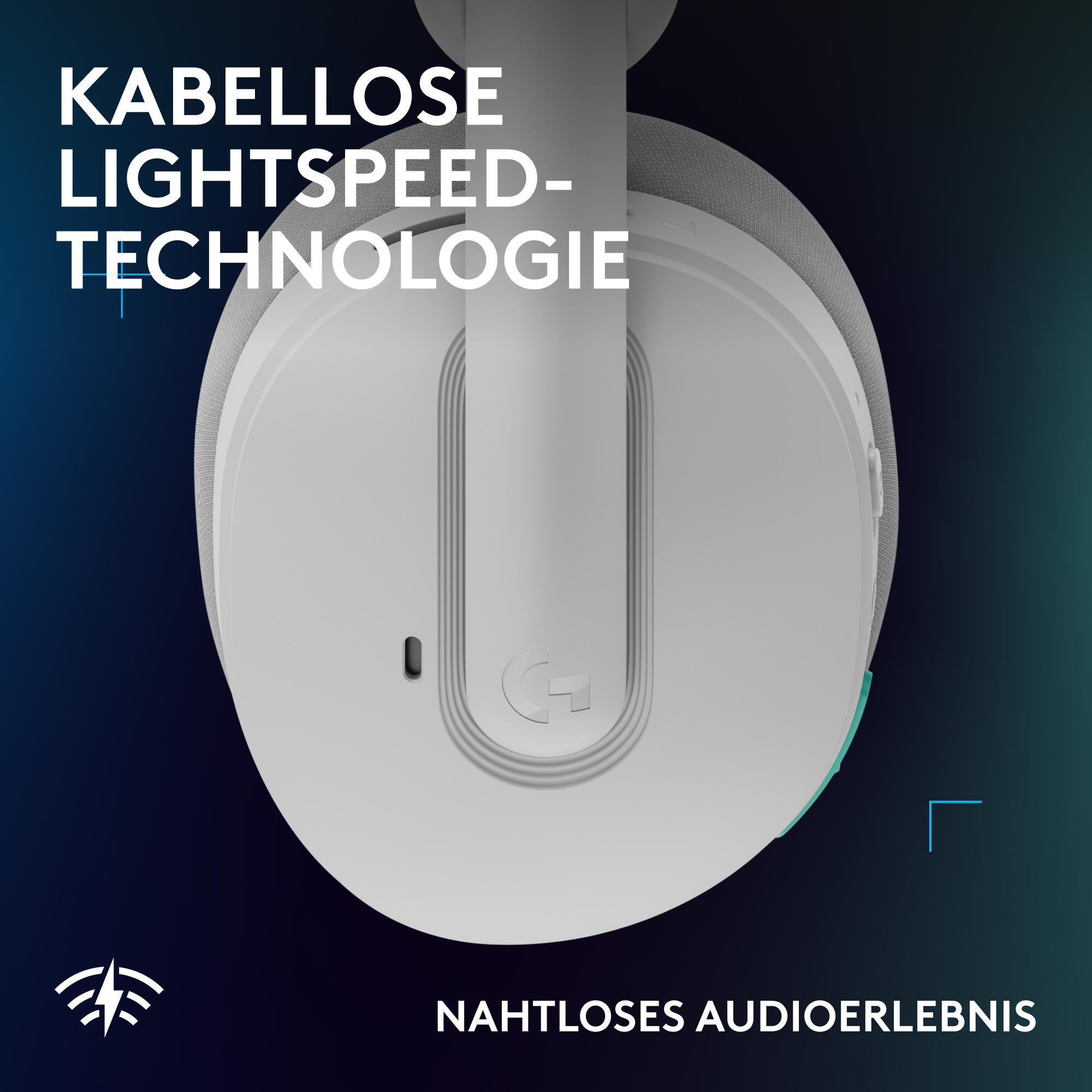 Weiße Kopfhörer mit Logitech G-Logo und Text. Kabellose Technologie.