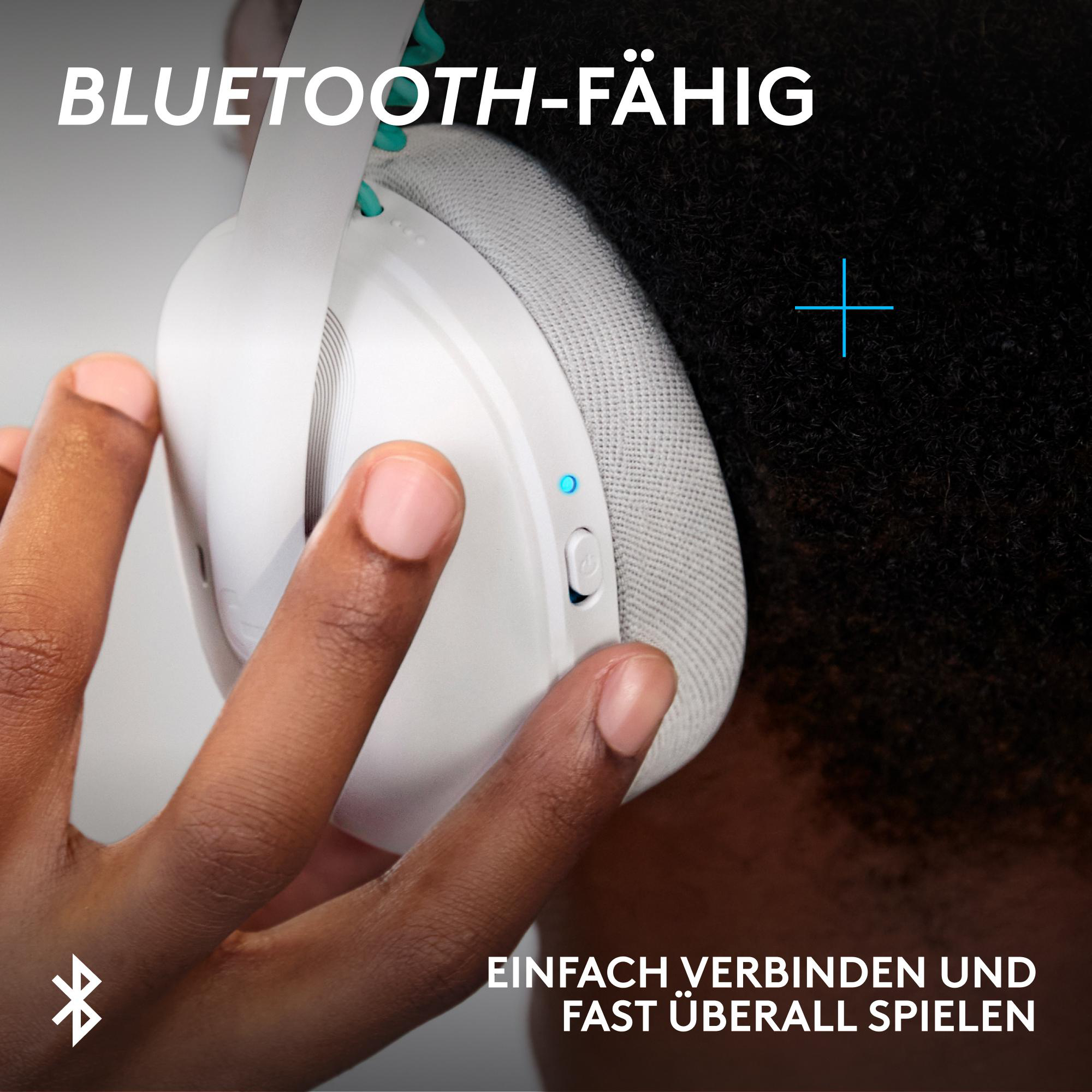 Weiße Kopfhörer mit Bluetooth-Symbol und Bedienknopf.