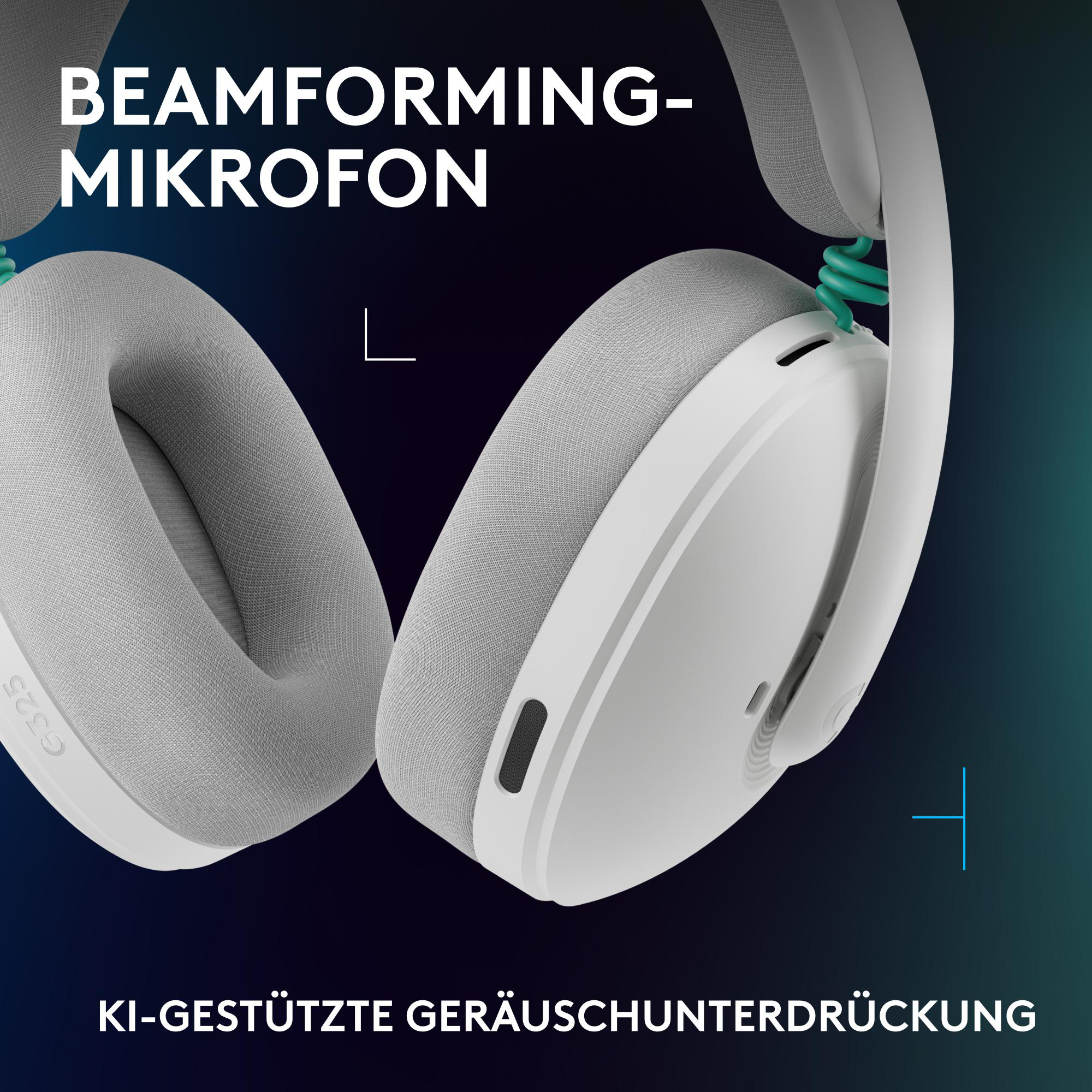 Graue Kopfhörer mit weißem Bügel und türkisen Kabeldetails.