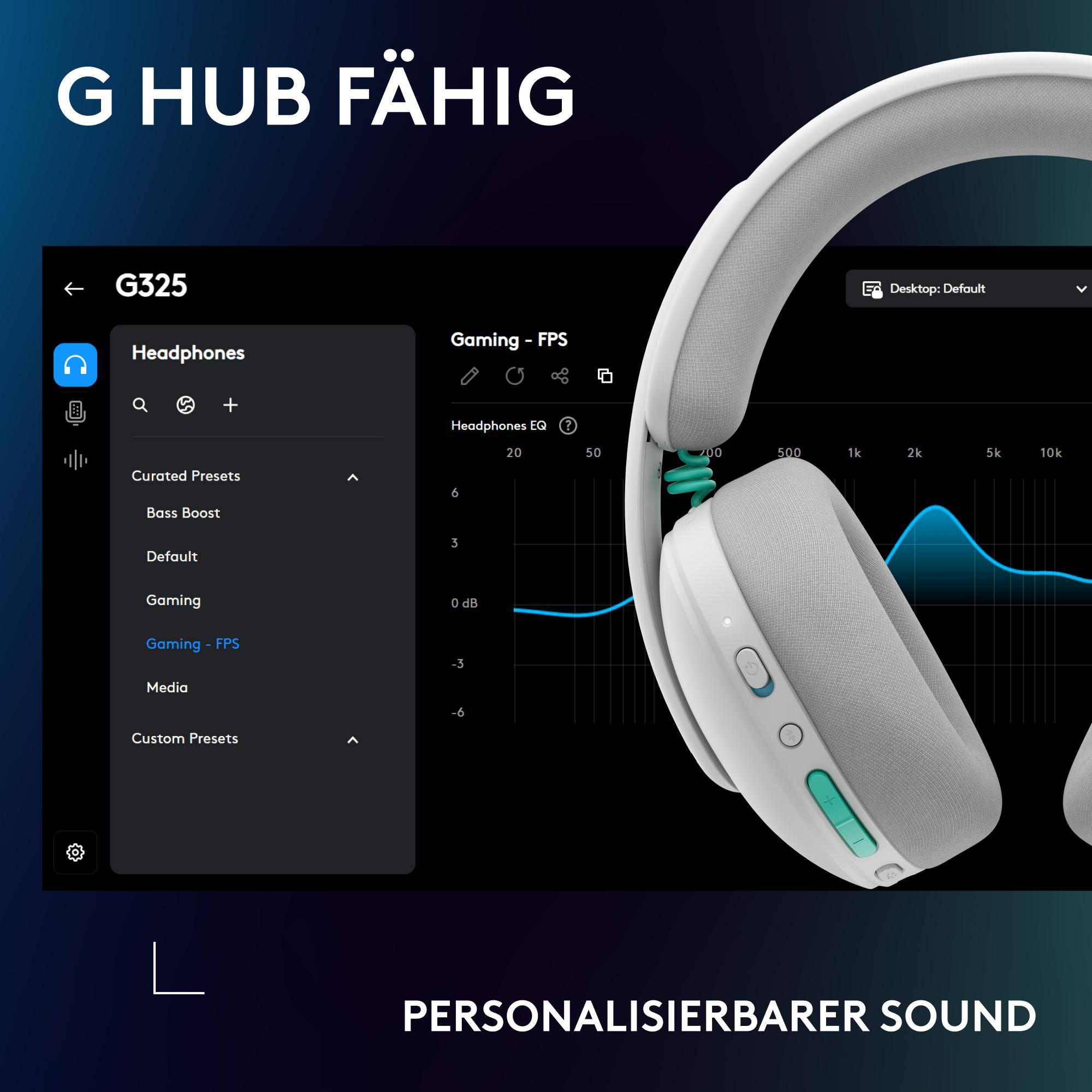 G Hub Software zeigt Kopfhörer-EQ für G325 mit EQ-Kurve und Optionen.