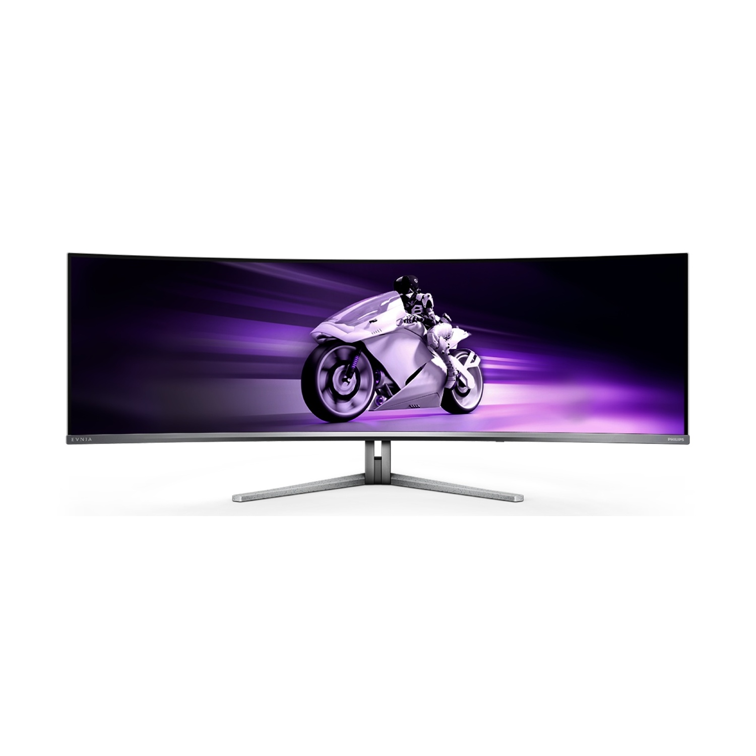 Un monitor curvo mostra un motivo astratto viola con una moto bianca.