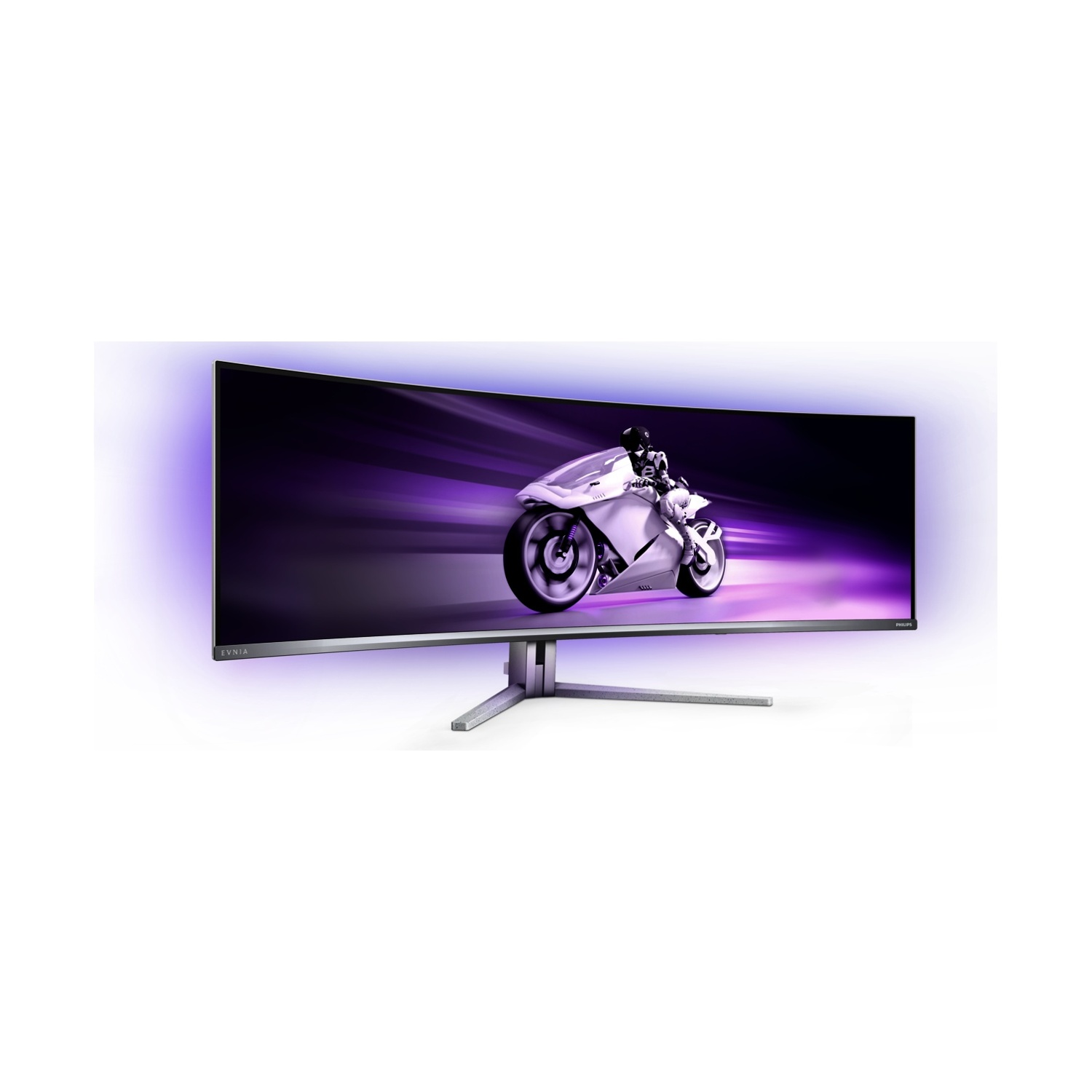 Monitor curvo con retroilluminazione viola mostra una moto con pilota.