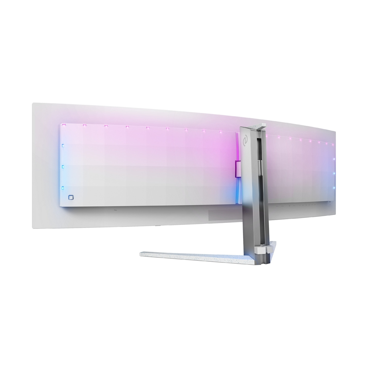 Un ampio monitor bianco con supporto argentato, illuminato da luce blu e rosa.