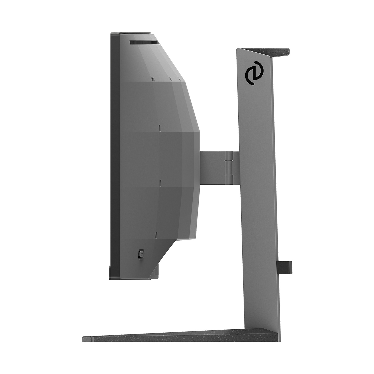 Supporto per monitor grigio con logo, vista laterale.