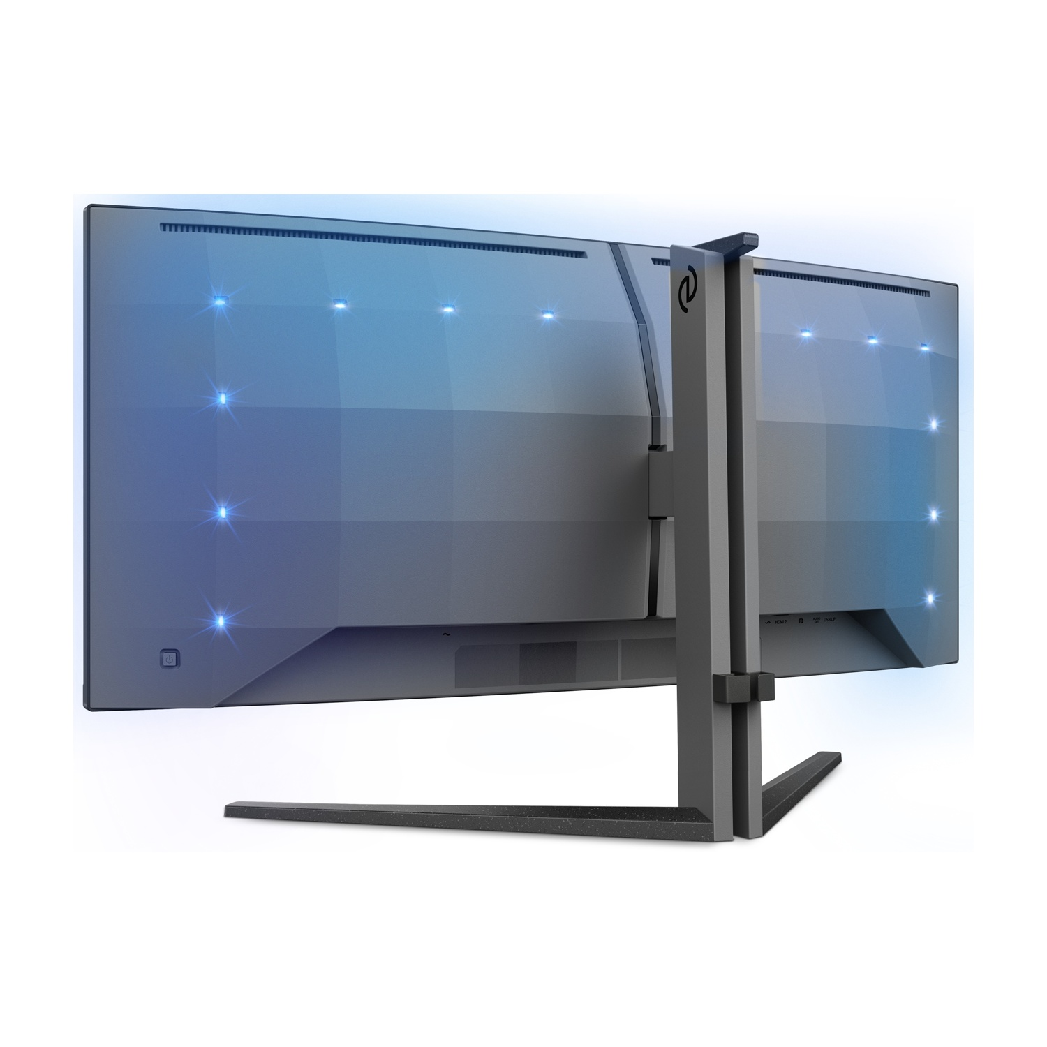 Retro di un monitor con luci blu e un supporto.