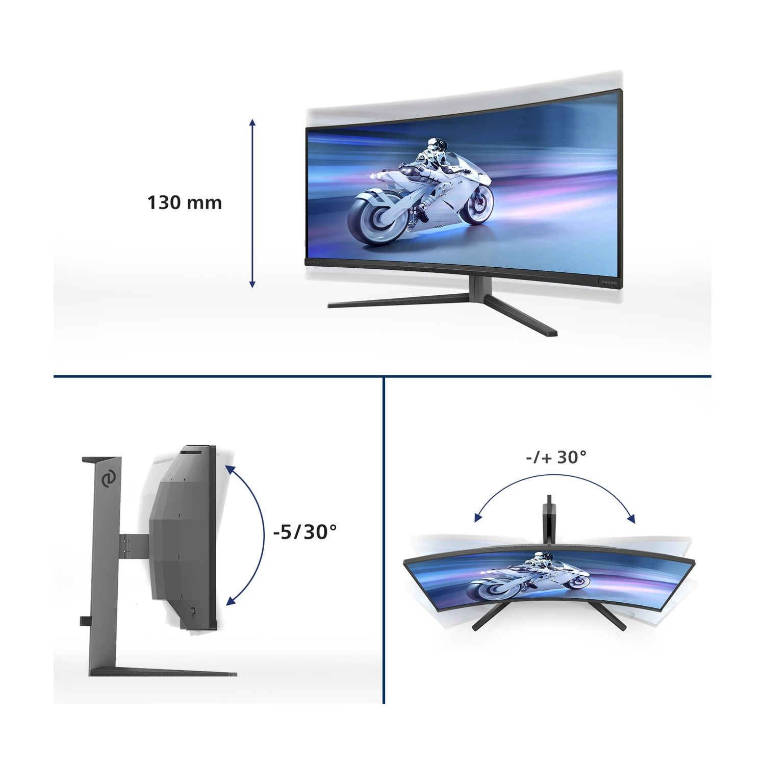 Monitor curvo con immagine moto, altezza 130mm, angoli inclinazione.