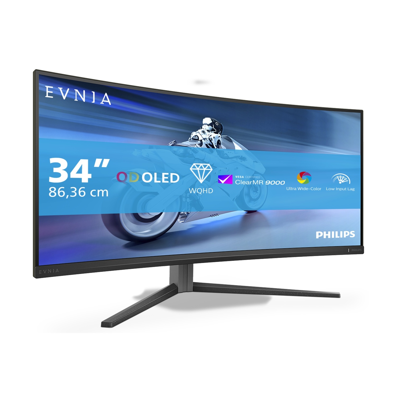 Un monitor OLED WQHD da 34 pollici con logo EVNJA e marchio Philips.