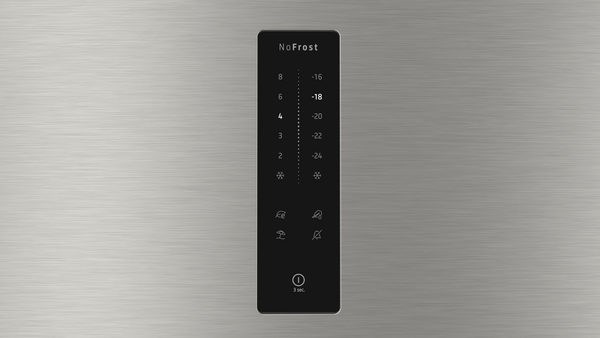 Paslanmaz çelik buzdolabı kapısı, dijital ekran ve sıcaklık kontrolleri.