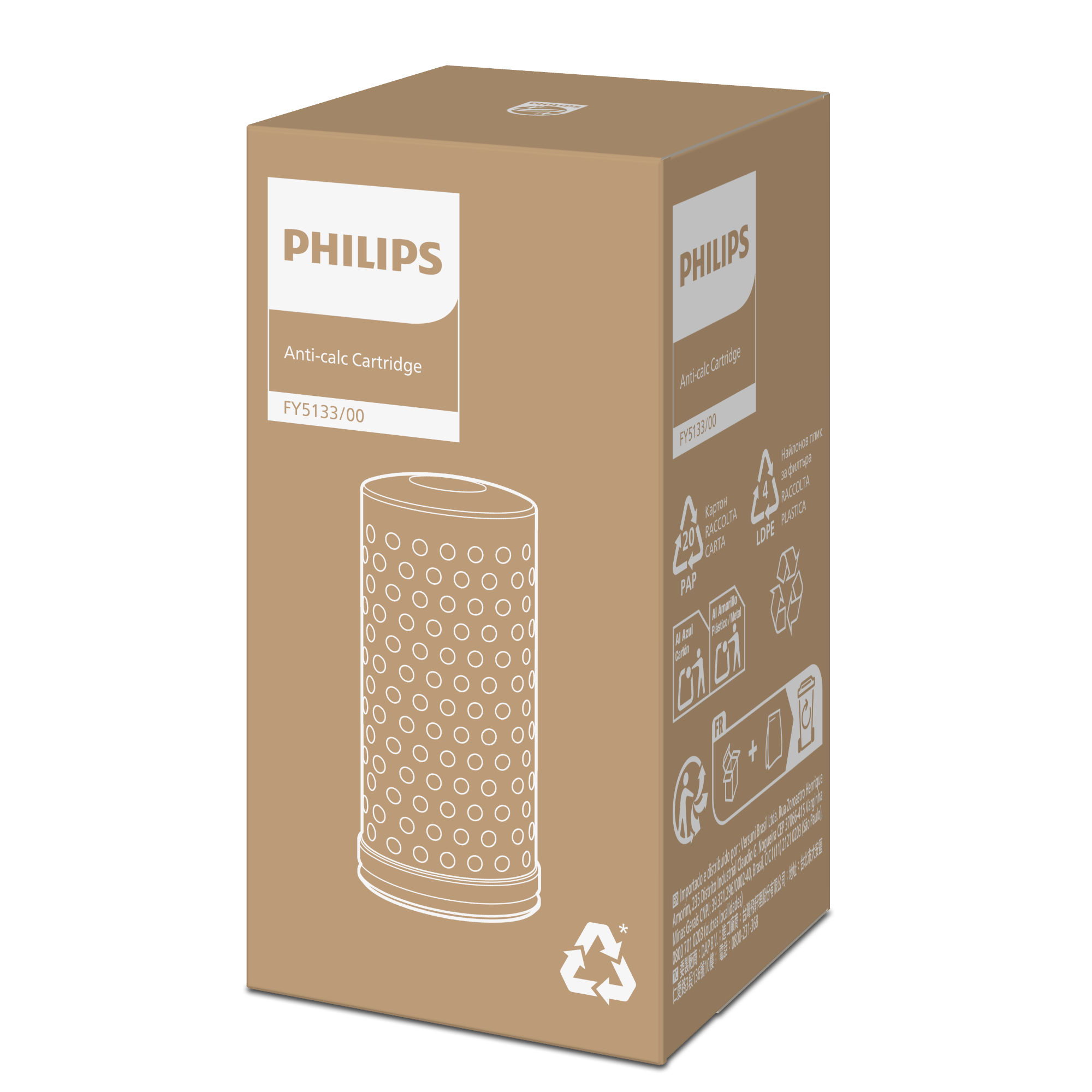 Karton doboz "PHILIPS vízkőmentesítő patron" és termékillusztrációval.