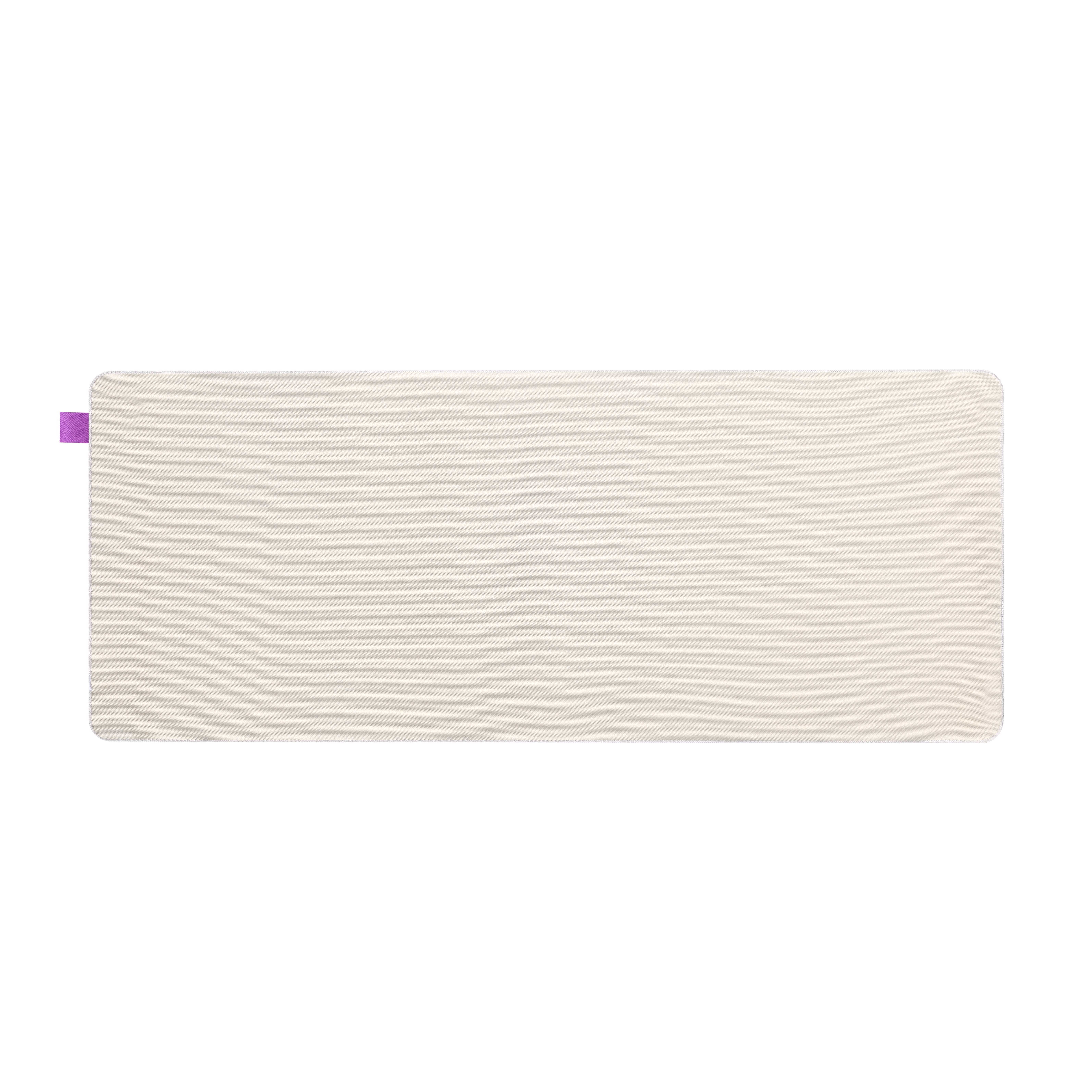 Eine rechteckige, cremefarbene Matte mit abgerundeten Ecken und einem violetten Etikett.