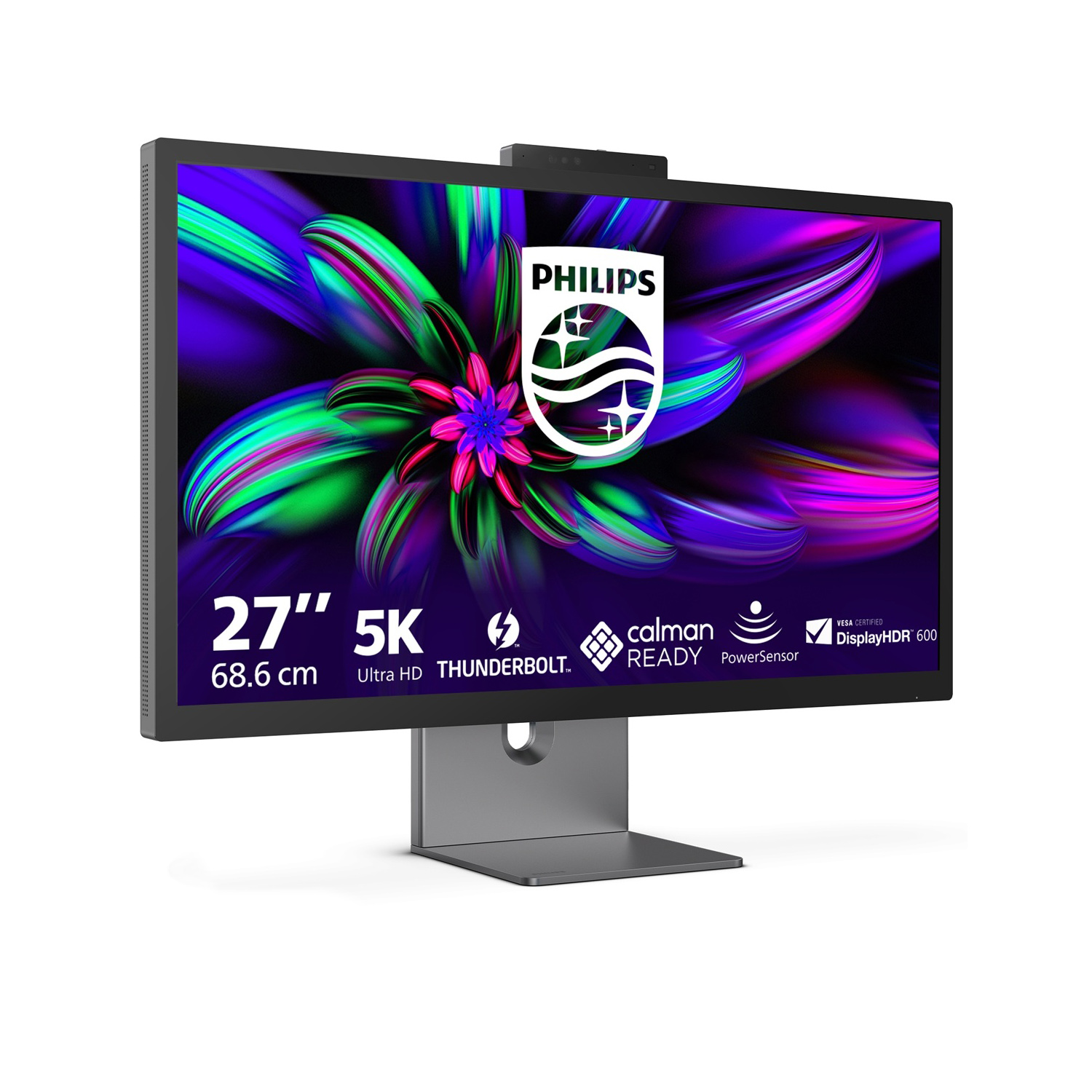 Monitor Philips 5K da 27 pollici con schermo colorato astratto, webcam e supporto in metallo.