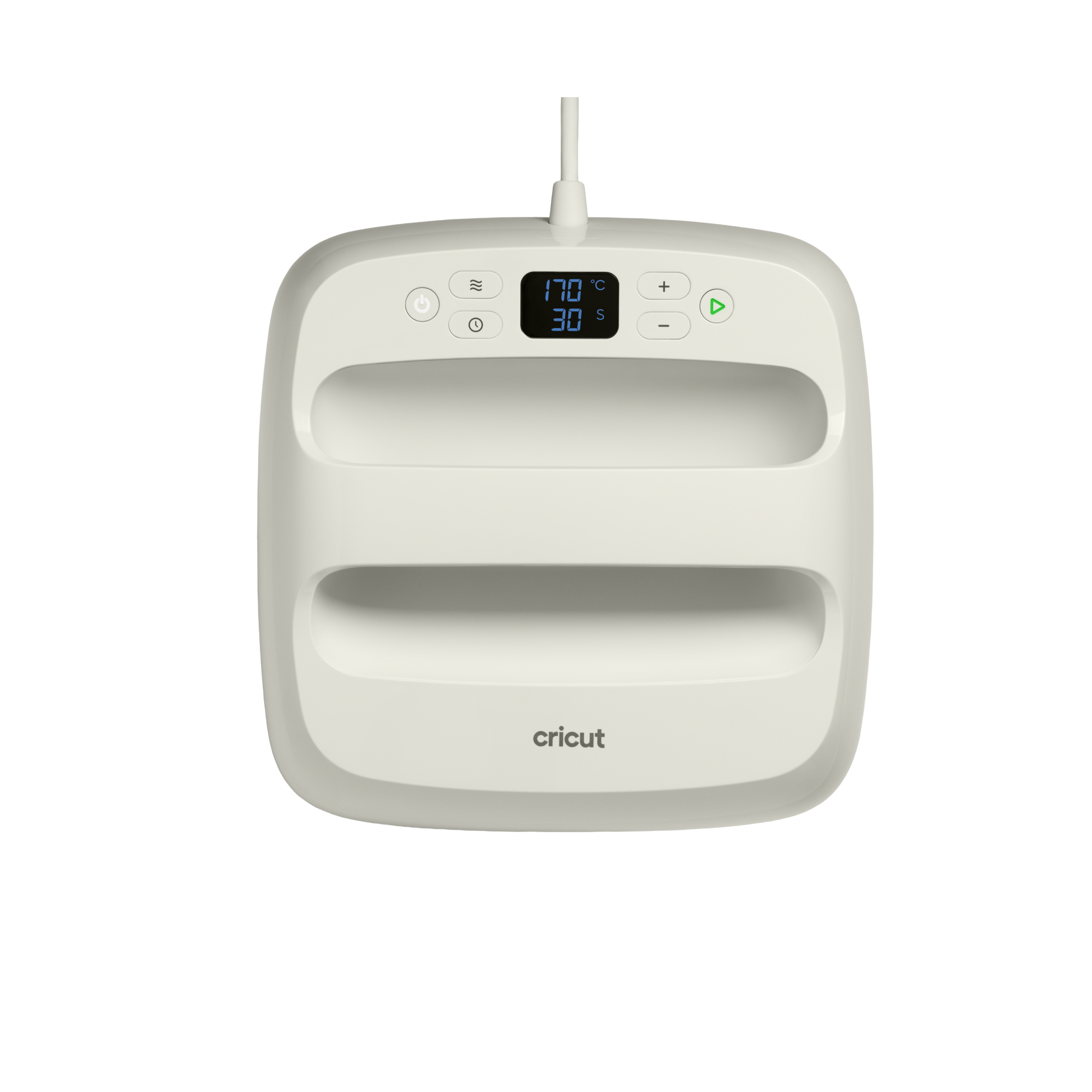 Eine weiße Cricut Bügelpresse mit einem digitalen Display, das 170 Grad und 30 Sekunden anzeigt.